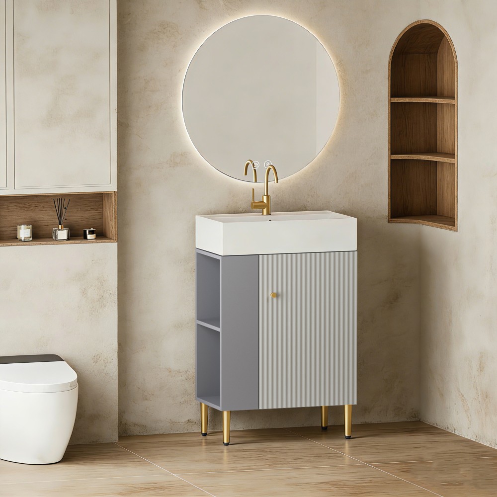 21.6″ Bathroom Vanity w/Ceramic Sink, Soft Close Doors, Open Shelves, Matte Gray