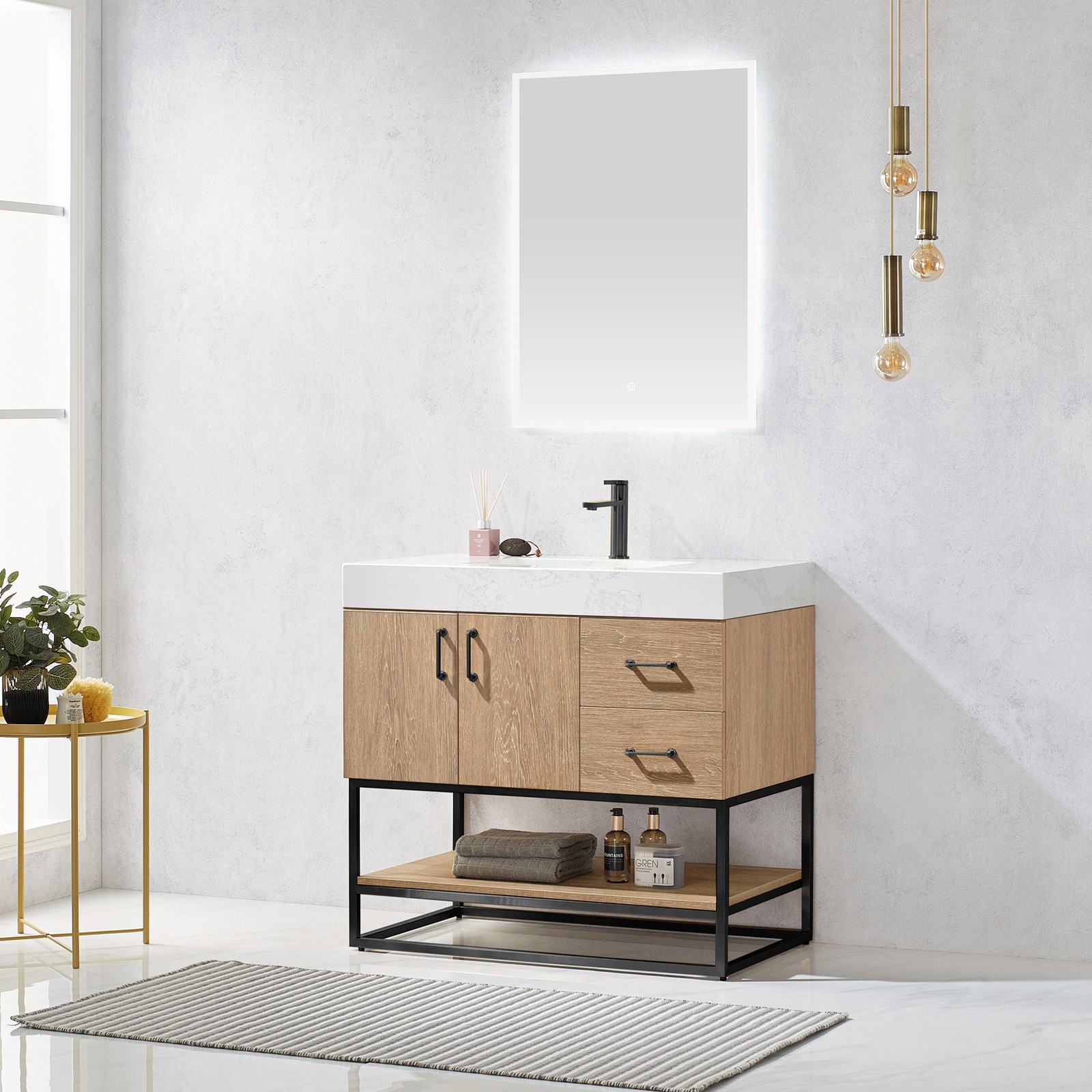 Vinnova Alistair 36″ White Stone Top Oak Single Vanity Black Frame w/o Mirror
