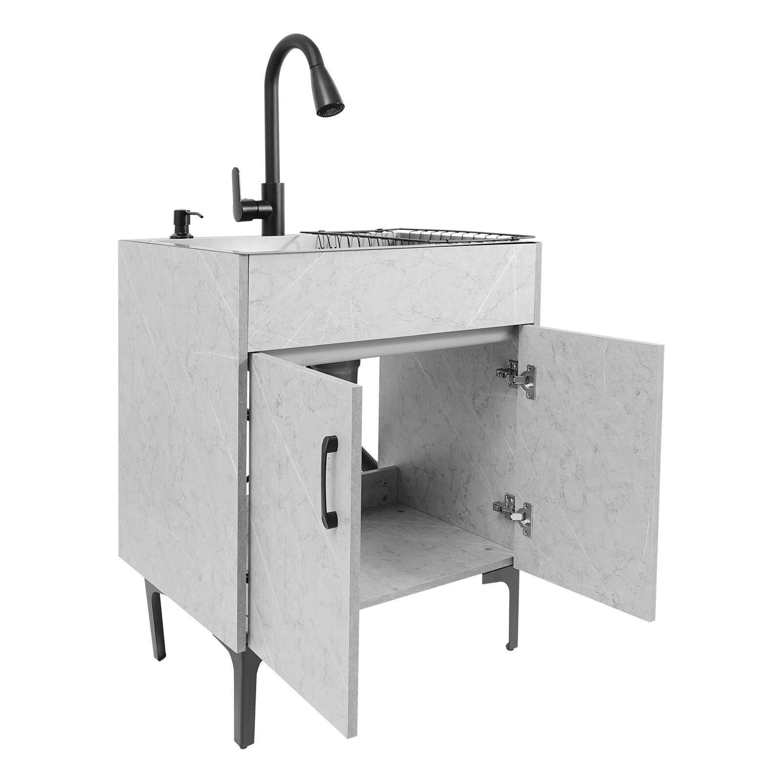 Grey Stainless Steel Sink & Freestanding Cabinet With Pull-Out Faucet