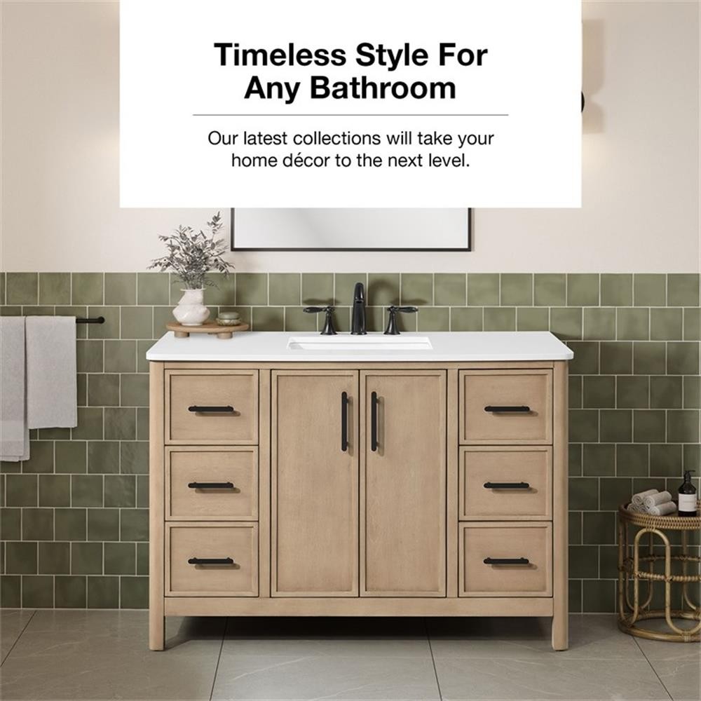 Pemberly Row 48″ Bathroom Vanity in Sahara Birch with White Countertop