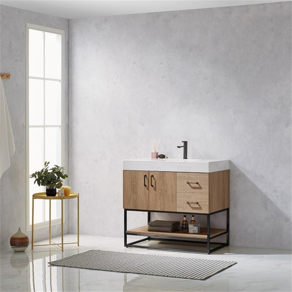 Pemberly Row 36″ White Stone Top Oak Single Vanity Black Frame w/o Mirror