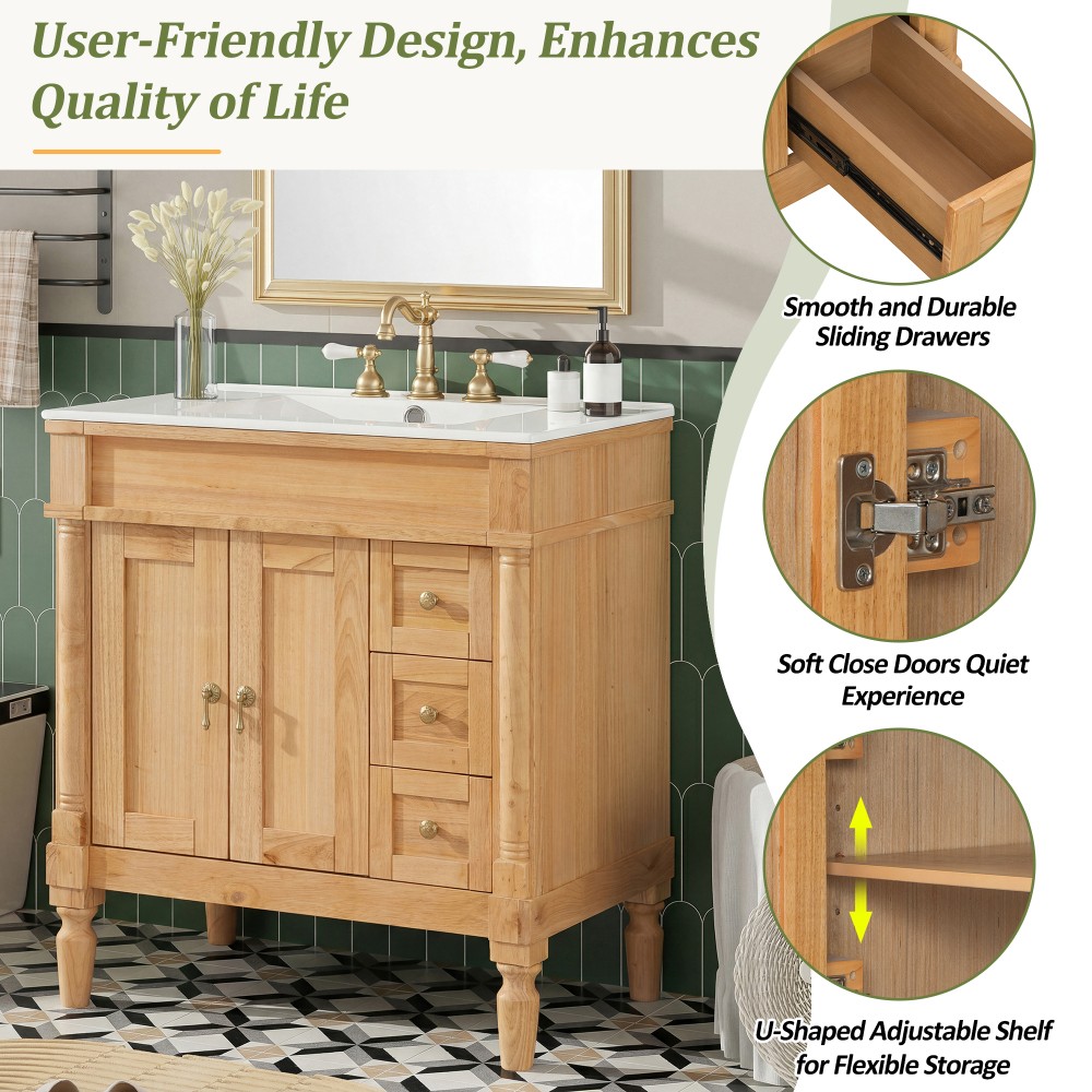 30-Inch Modern Bathroom Vanity, Solid Wood Frame + MDF, 2 Doors 3 Drawers