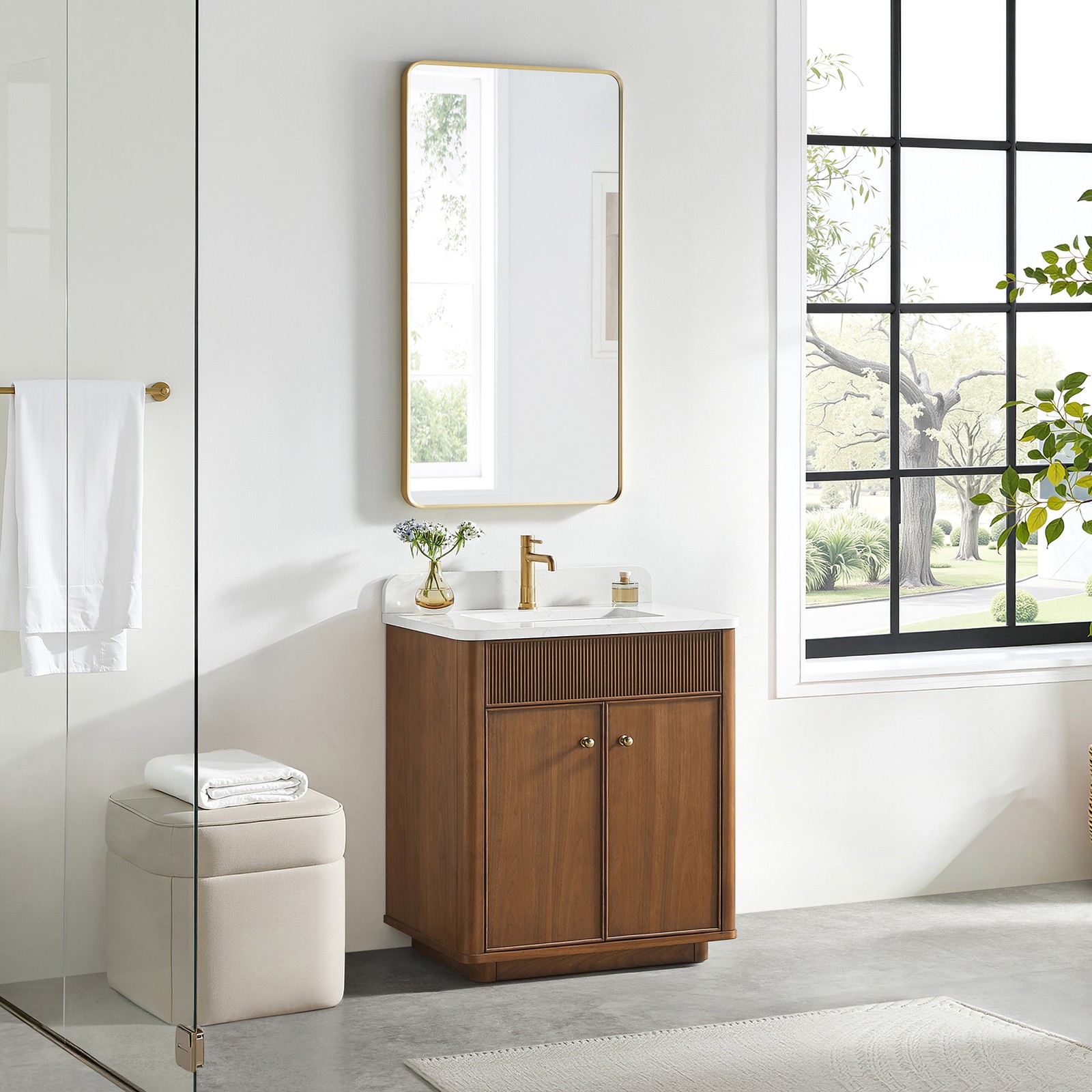 Zogno 30″ Single Sink Bath Vanity in Natural Walnut with White Grain Stone Top