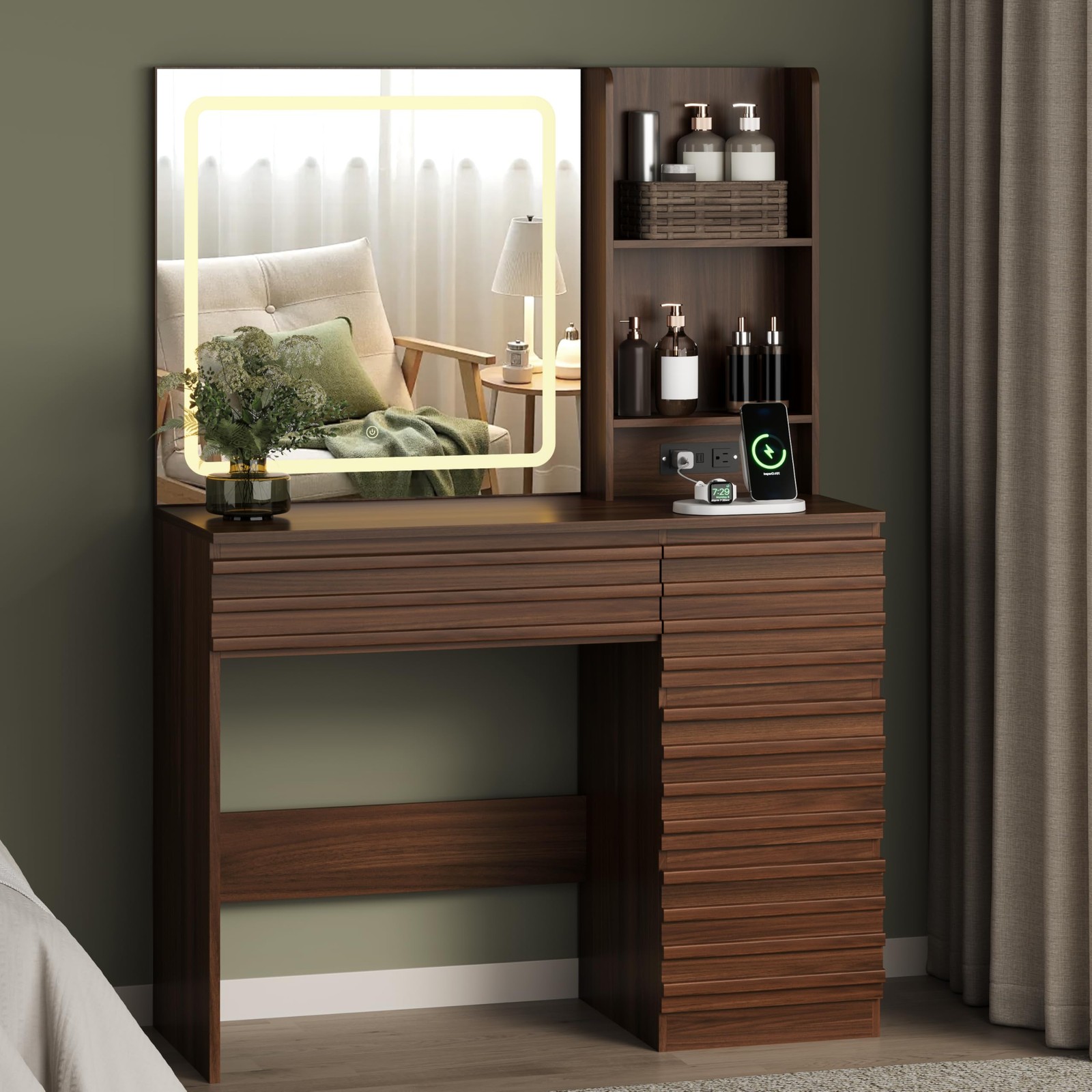 Makeup Vanity Desk with LED Lighted Mirror Fluted 4 Drawers Power Outlet Walnut