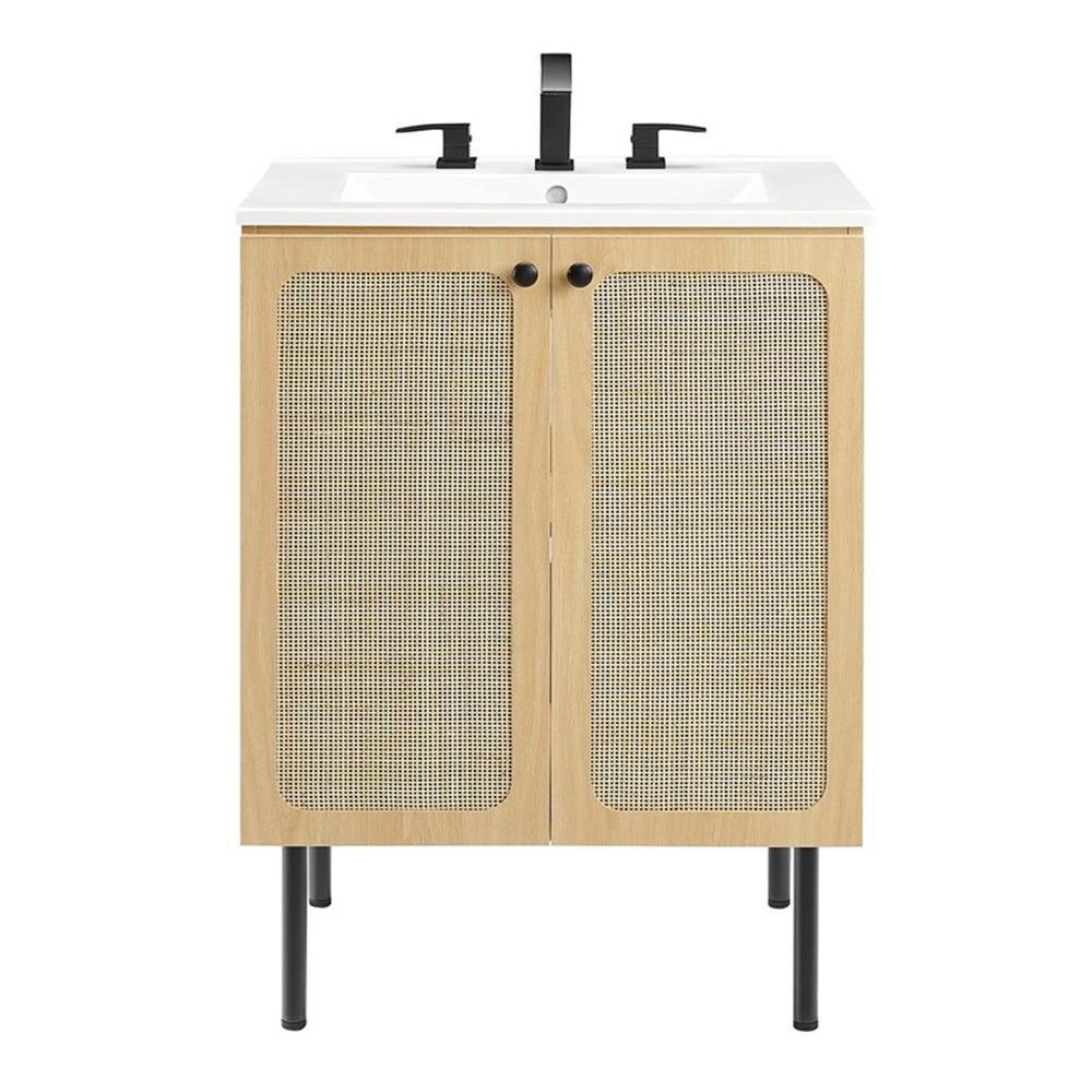 Modway Chaucer 24″ Wood & Rattan Bathroom Vanity in Oak/White