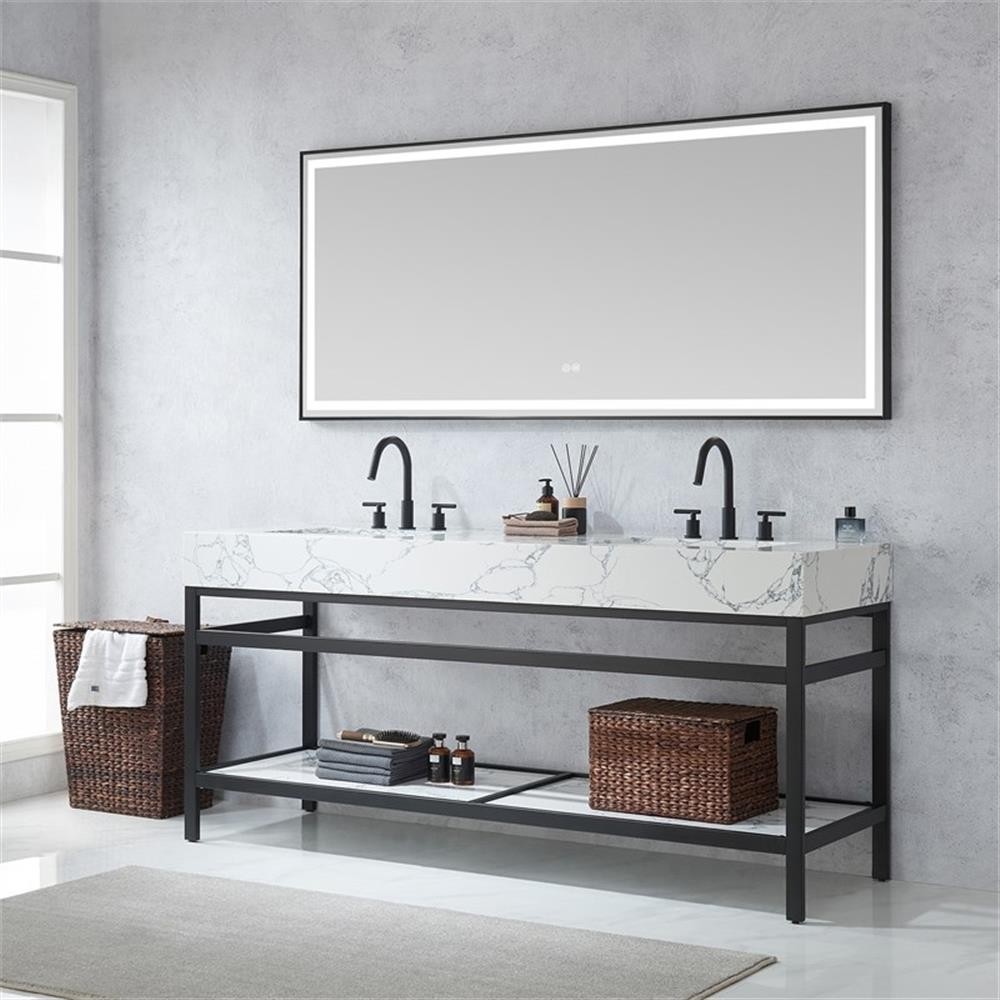 Ecija 72″ Matte Black Metal Vanity with Pandora White Composite Top and Mirror