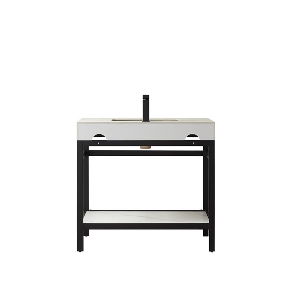 Funes 36″ Single Sink Bathroom Vanity in Matte Black Frame White Top No Mirror