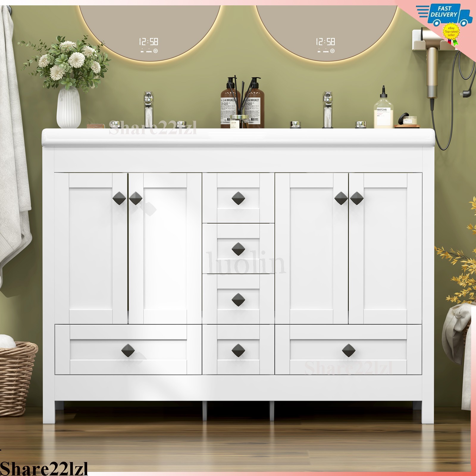 47inch Bathroom Vanity Bathroom Storage Cabinet with Double Ceramic Sink White