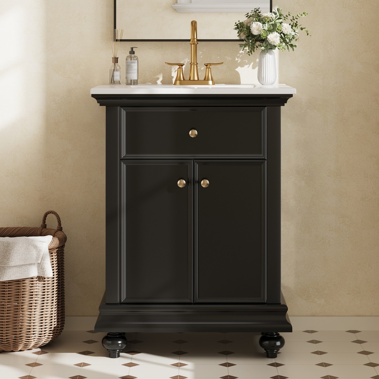 24″ Bathroom Vanity Storage Cabinet With Ceramic Sink Drawer Soft-Closing Doors
