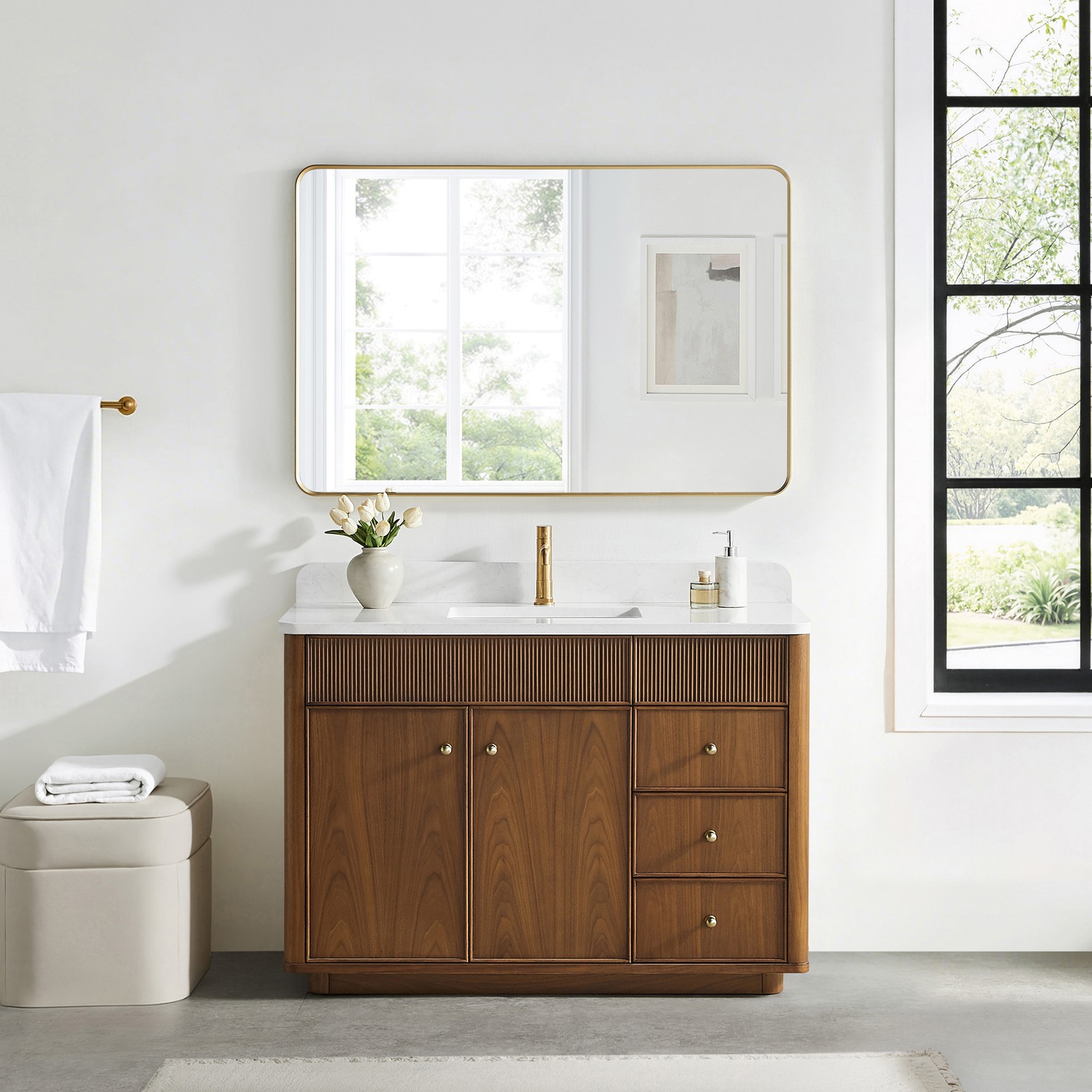 Zogno 48″ Single Sink Bath Vanity in Natural Walnut with White Grain Stone Top