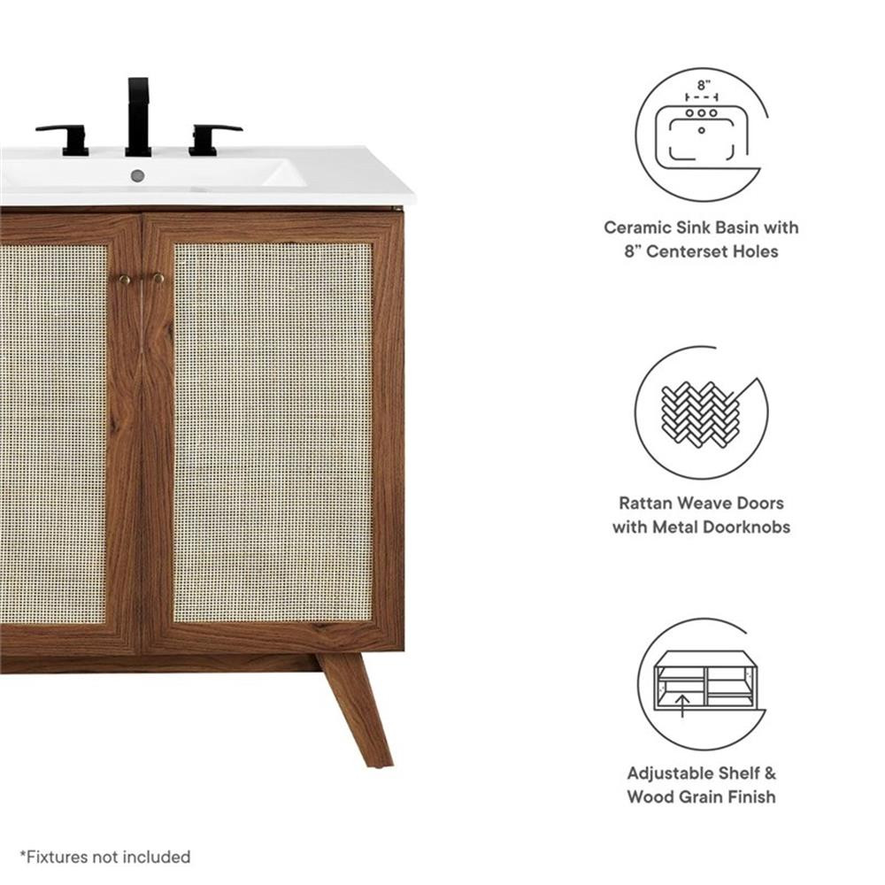 Modway Soma 30″ Modern Wood Bathroom Vanity with Rattan Door in Walnut/White