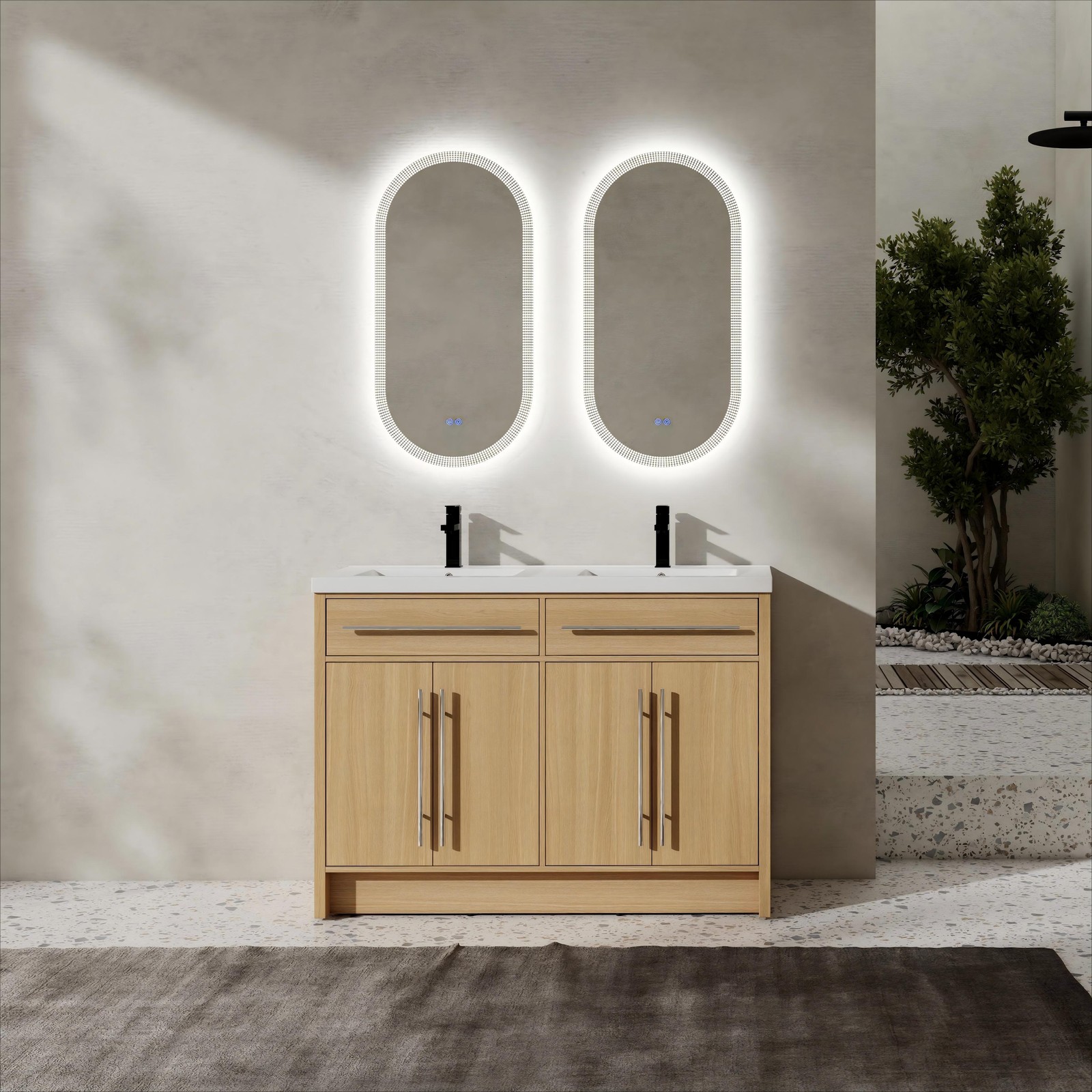 48 inch Plywood Bathroom Vanity Freestanding Double Resin Sink Storage W/2 Doors