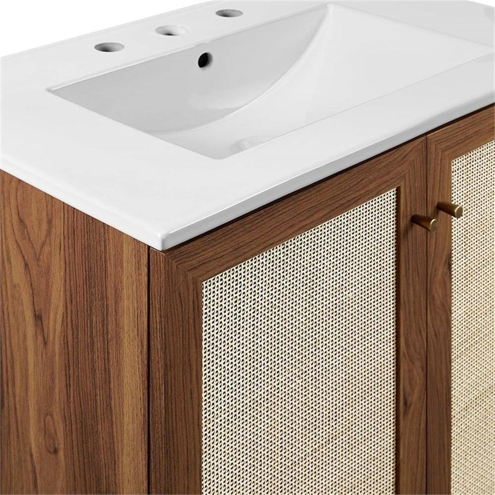 Modway Soma 30″ Modern Wood Bathroom Vanity with Rattan Door in Walnut/White