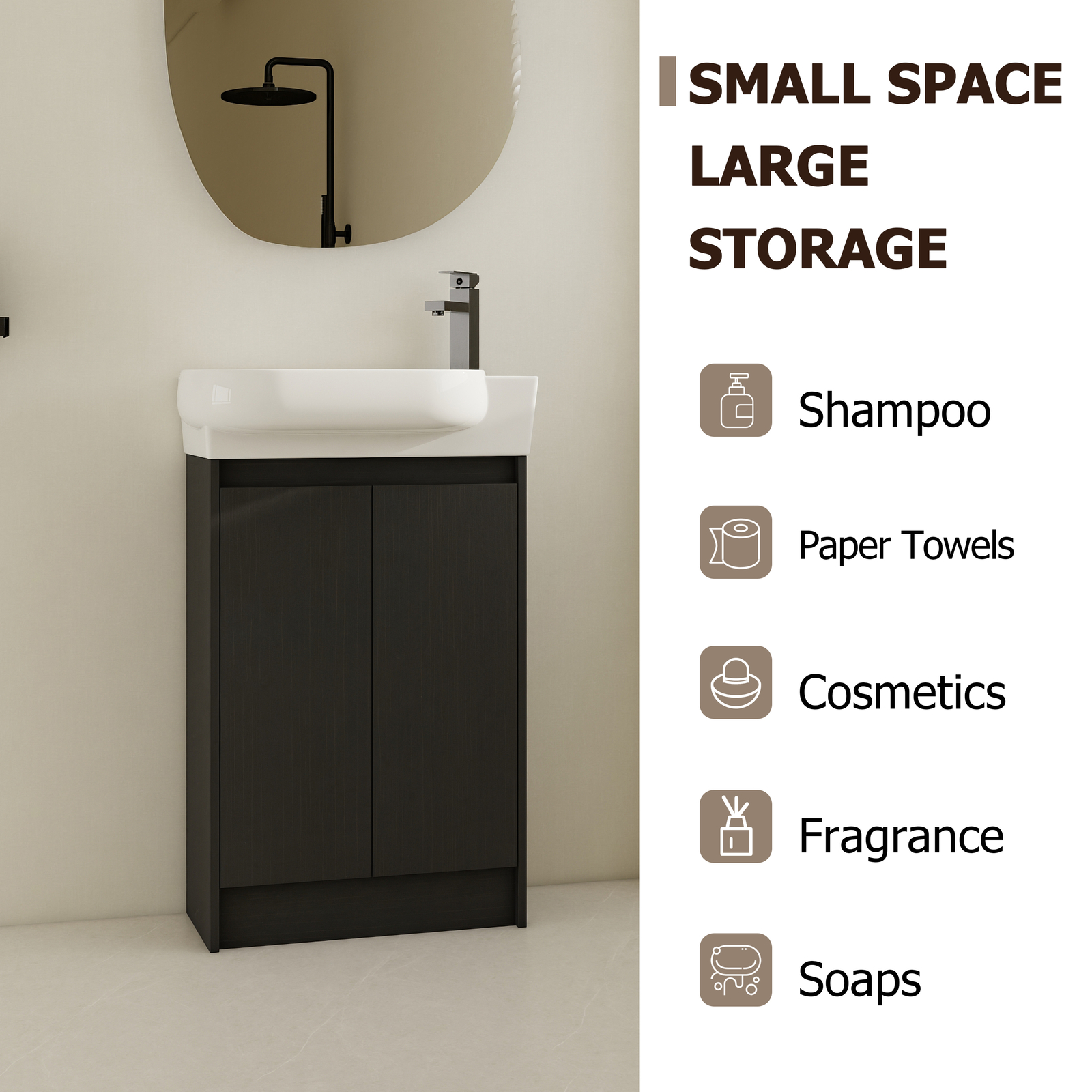 23″ plywood Freestanding Small Bathroom Vanity Cabinet +Ceramic Sink Basin Black