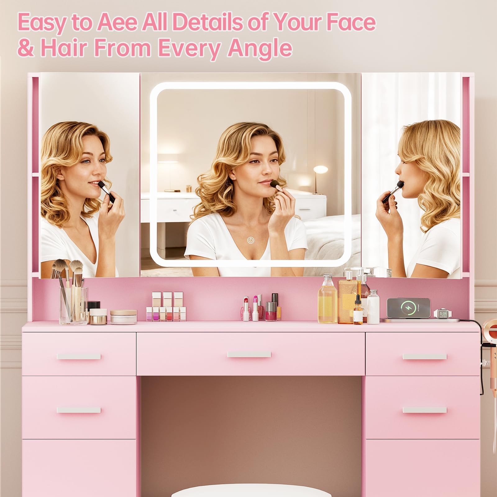 Pink Vanity Desk with Tri-Folding Mirror and Lights 7 Drawers Stool Power Outlet