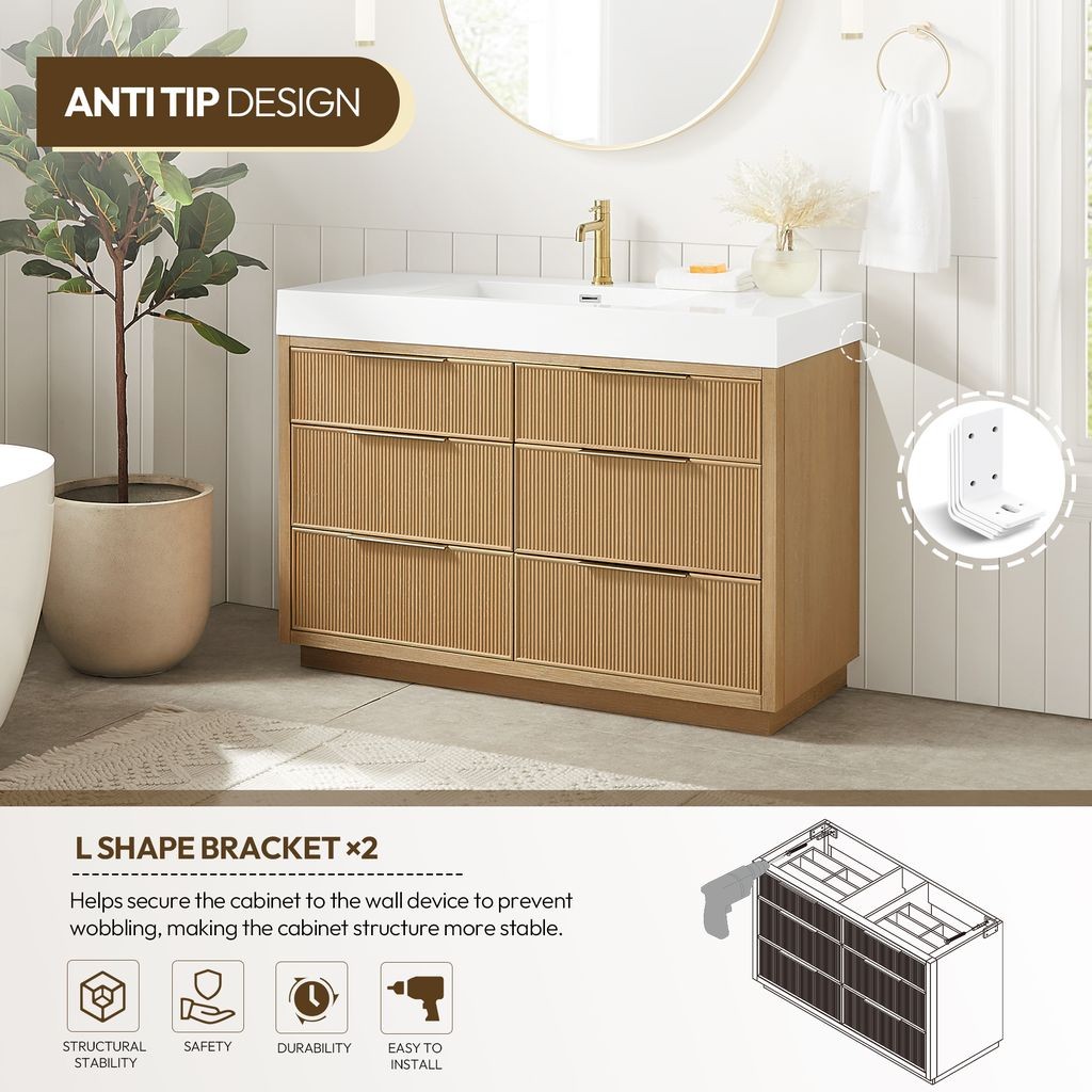 Hohhot 48″ Single Bath Vanity in Washed Ash Grey with White Stone Top