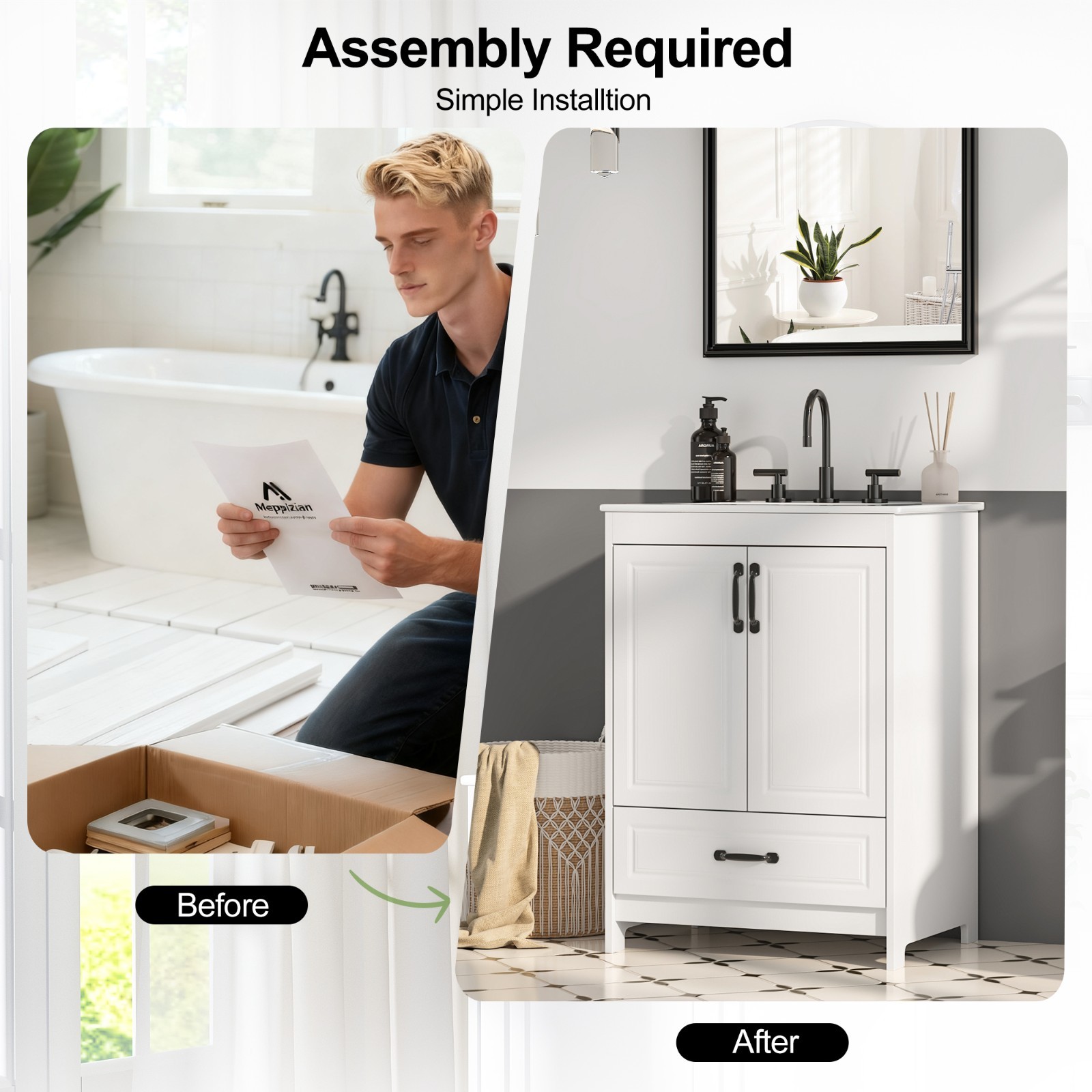 24″ Bathroom Vanity with Ceramic Sink Freestanding Storage Cabinet w/Drawer