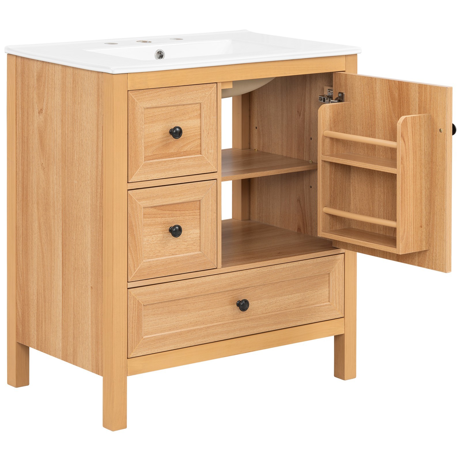 30″ Bathroom Vanity with Ceramic Sink Wood Grain Cabinet with Soft-Close Drawer