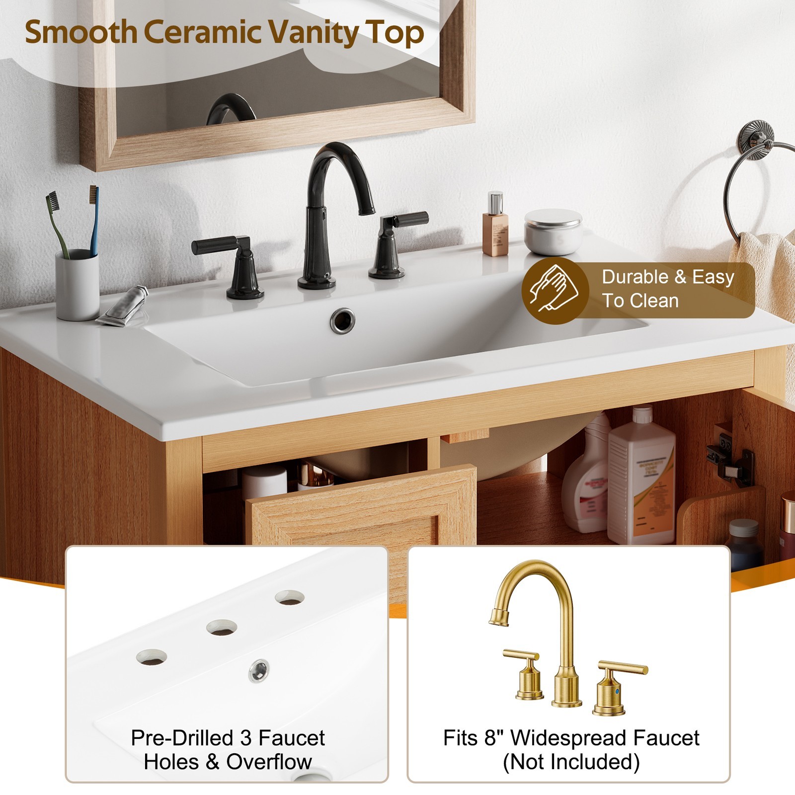 30″ Bathroom Vanity with Ceramic Sink Wood Grain Cabinet with Soft-Close Drawer