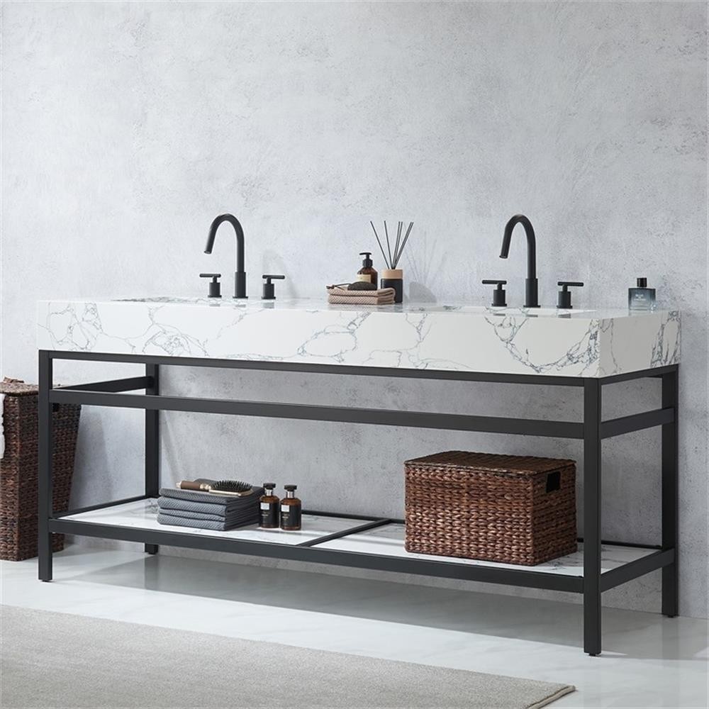 Ecija 72″ Double Matte Black Metal Bath Vanity with Pandora White Composite Top