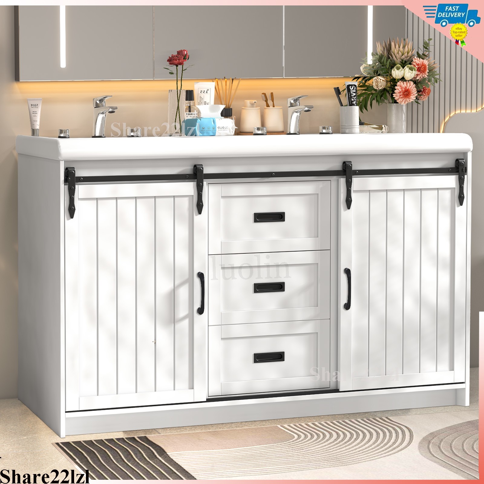 47″ Modern Bathroom Vanity Set with Double Vanities，Double Ceramic Sinks White