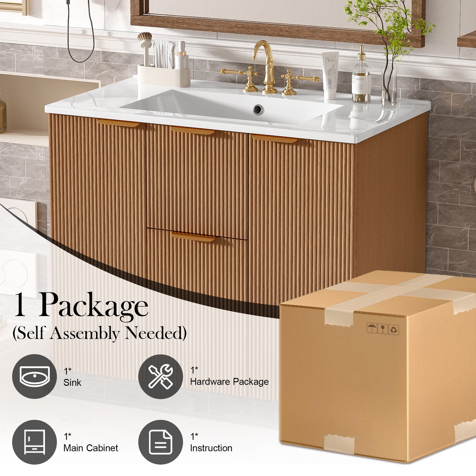 36 Inch Single Sink Bathroom Vanity with Ceramic Top, MDF Cabinet