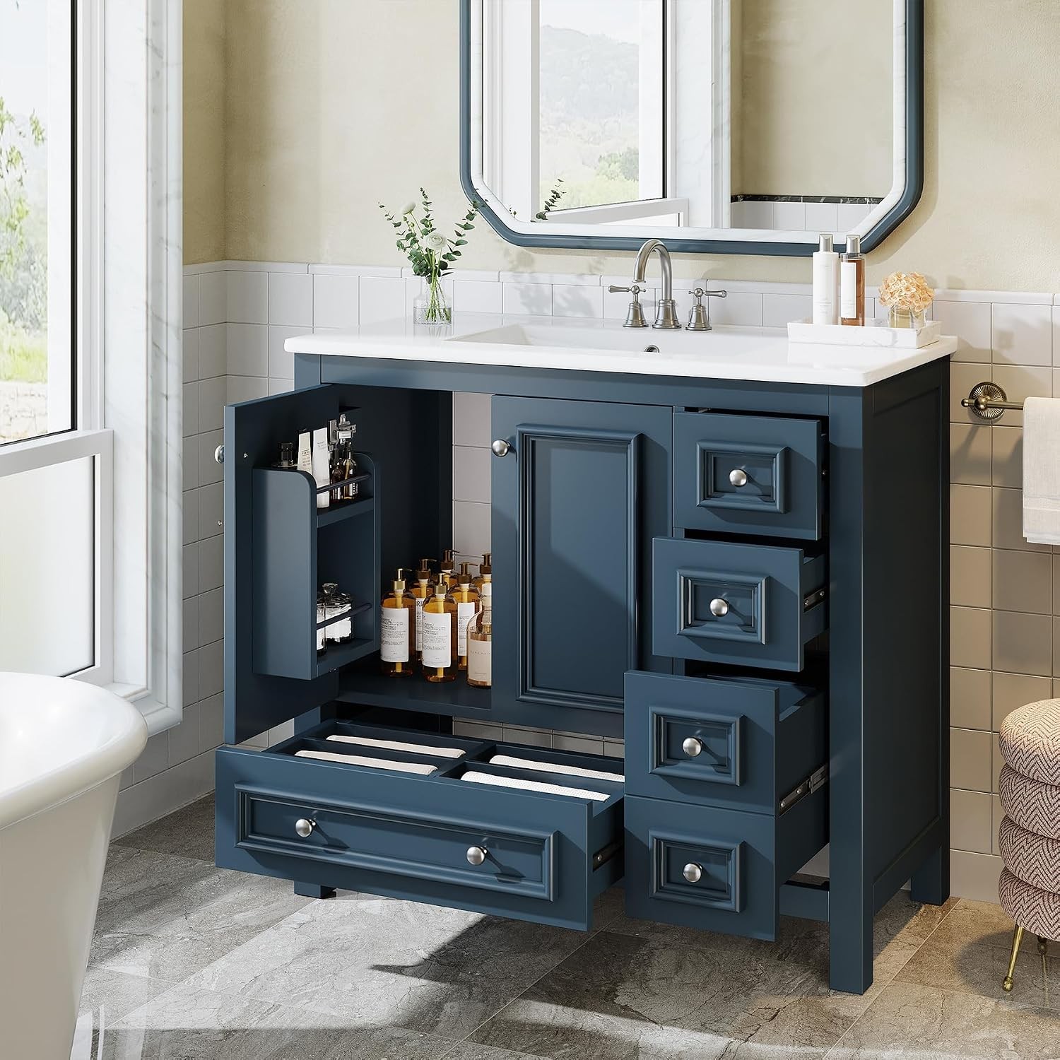 36″Bathroom Vanity with Sink, Freestanding Bathroom Vanities Cabinet w/ 4 Drawer