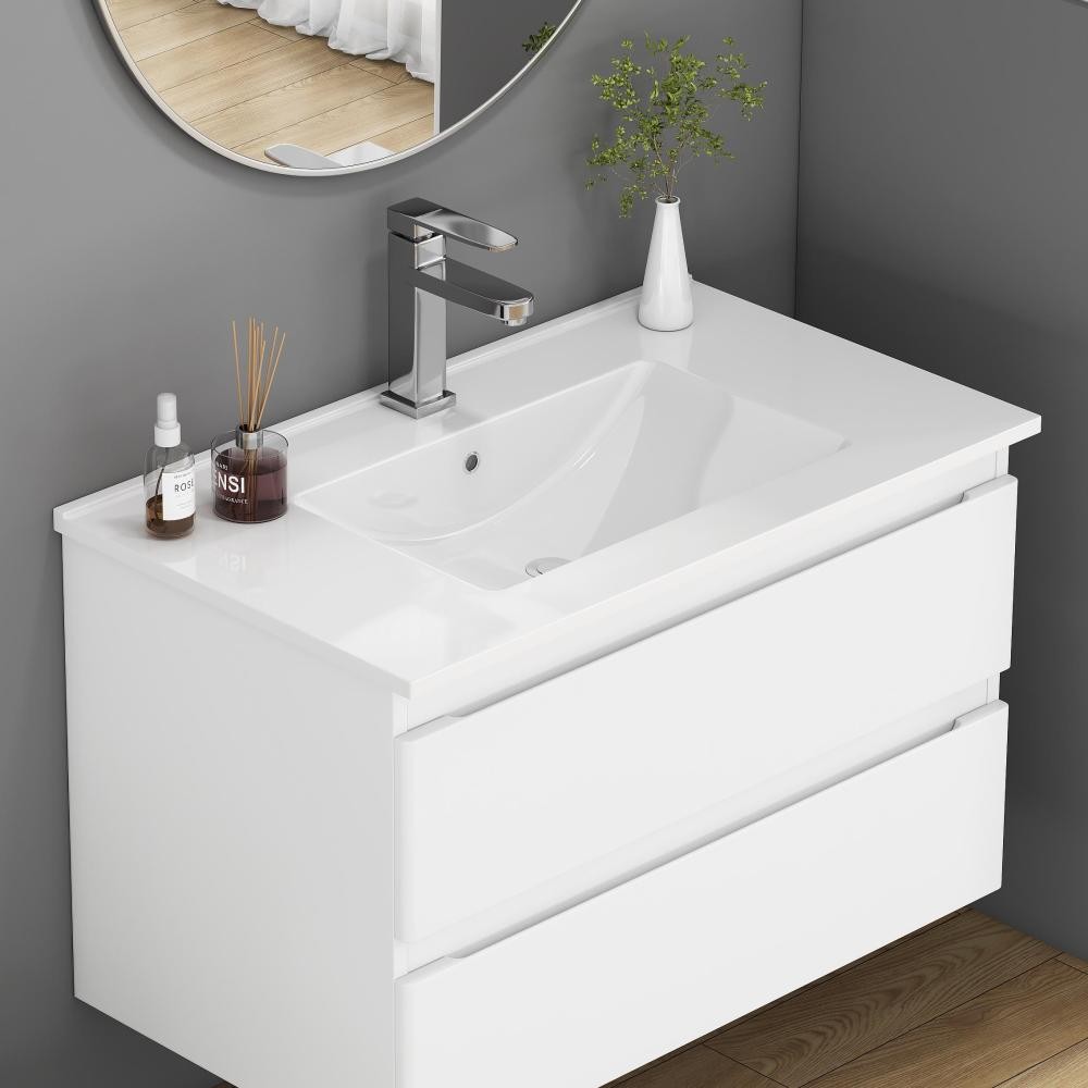 32-Inch White Ceramic Bathroom Sink, Fits 32-Inch Vanity,Pre-Drilled Faucet Hole