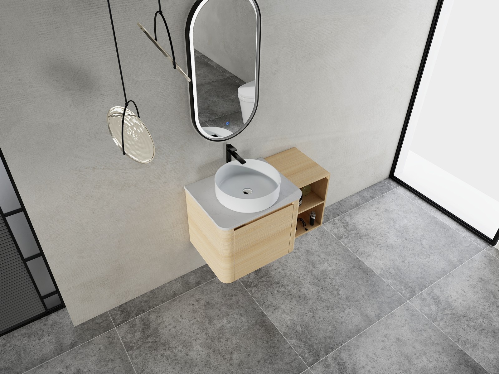 36in Plywood Floating Bathroom Vanity W/White Ceramic Basin Sink Storage Shelves