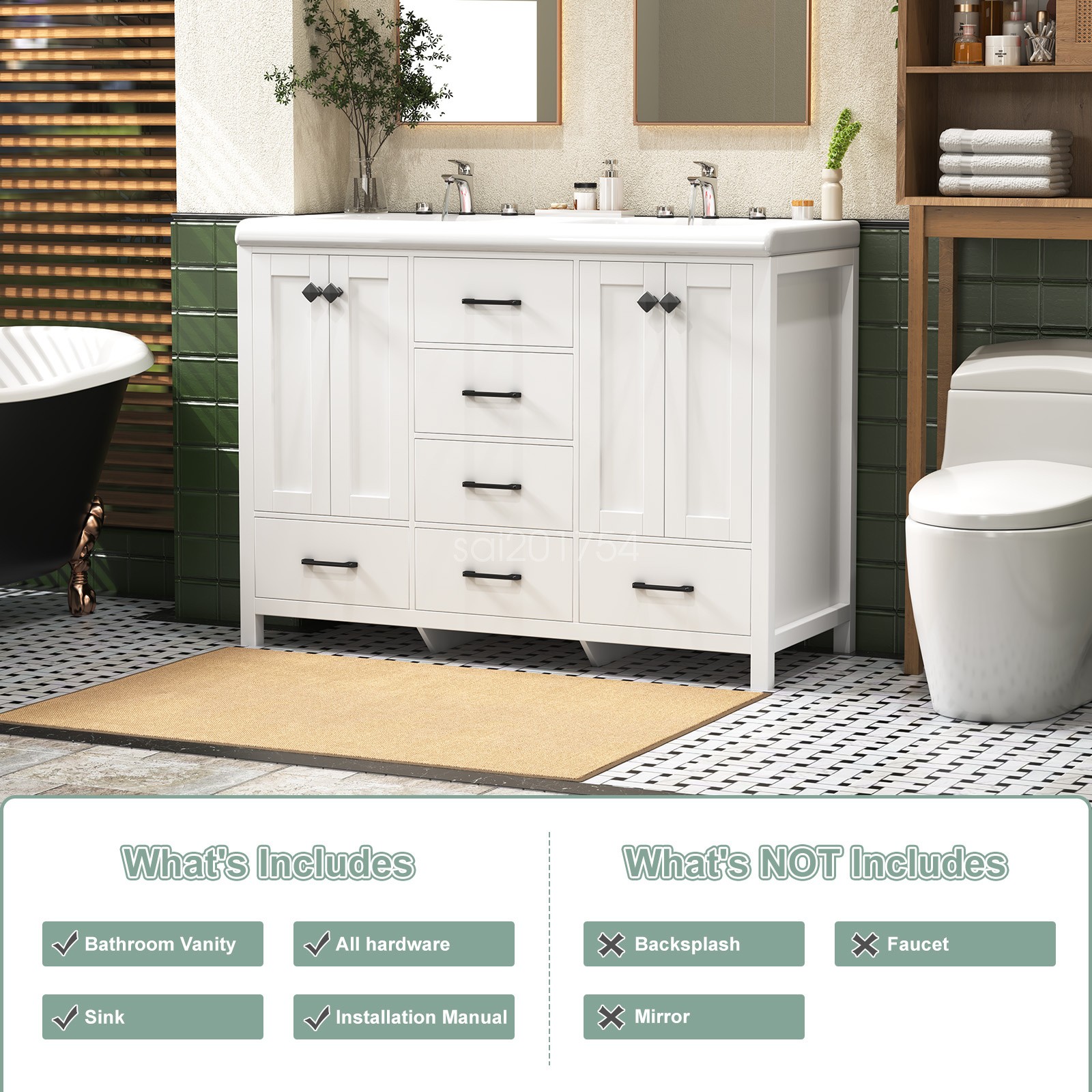 Bathroom Cabinet Vanity Freestanding Double-Basin Ceramic Sink Cabinet 47.3″