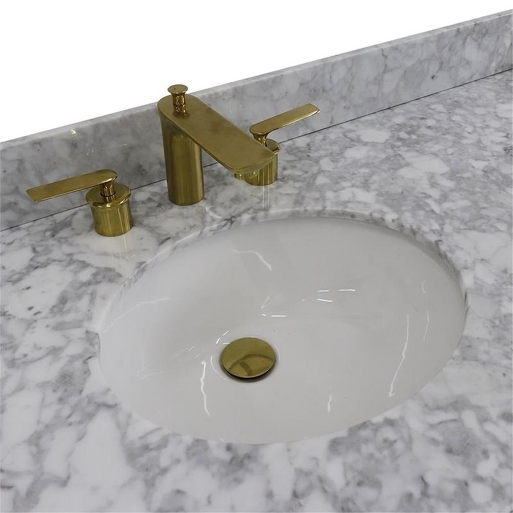 Pemberly Row 61″ Double Oval Sink Solid Wood Vanity in Blue/White Carrara