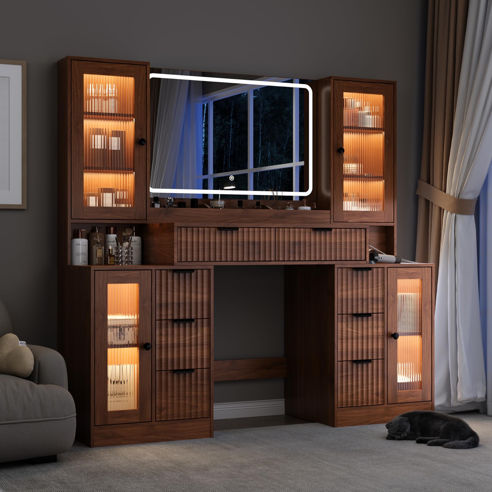 55in Fluted Vanity Desk Lighted Mirror 8 Drawers Tempered Glass Charging Station