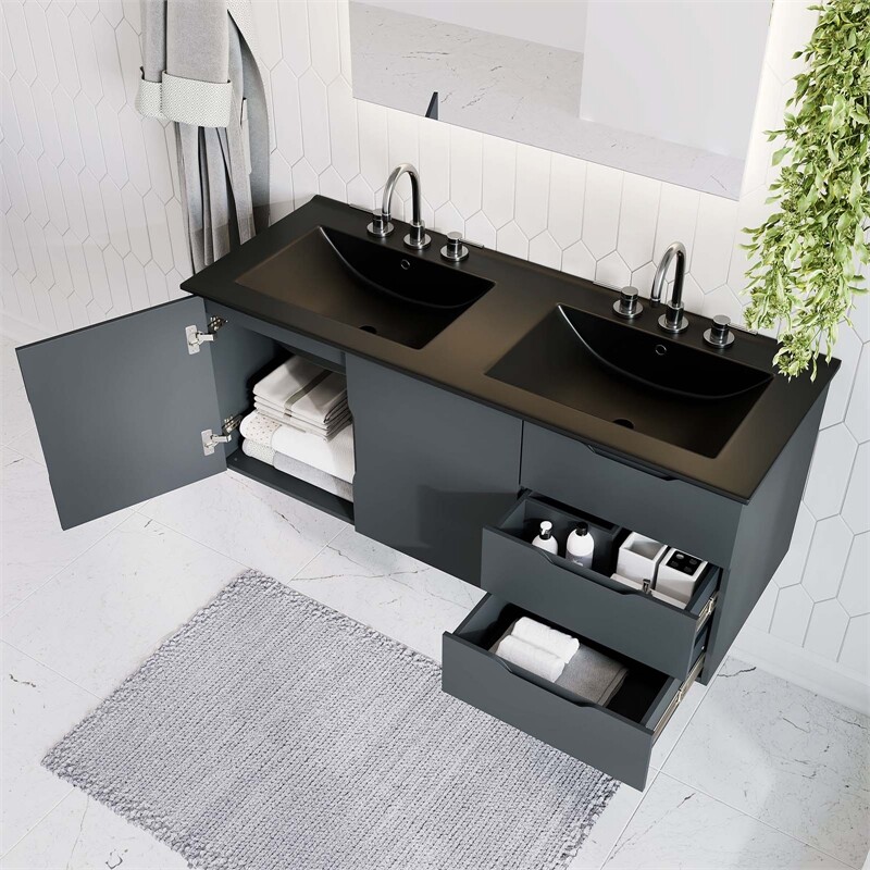 Modway Vitality 48″ Double Sink Wood & Ceramic Bathroom Vanity in Gray/Black