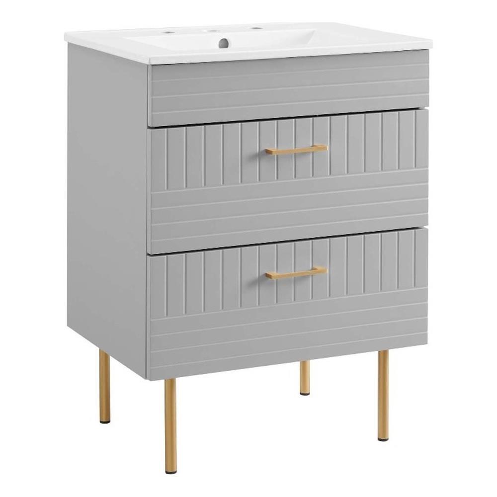 Modway Daybreak 24″ Modern Wood/Ceramic Bathroom Vanity with Gold Legs in Gray