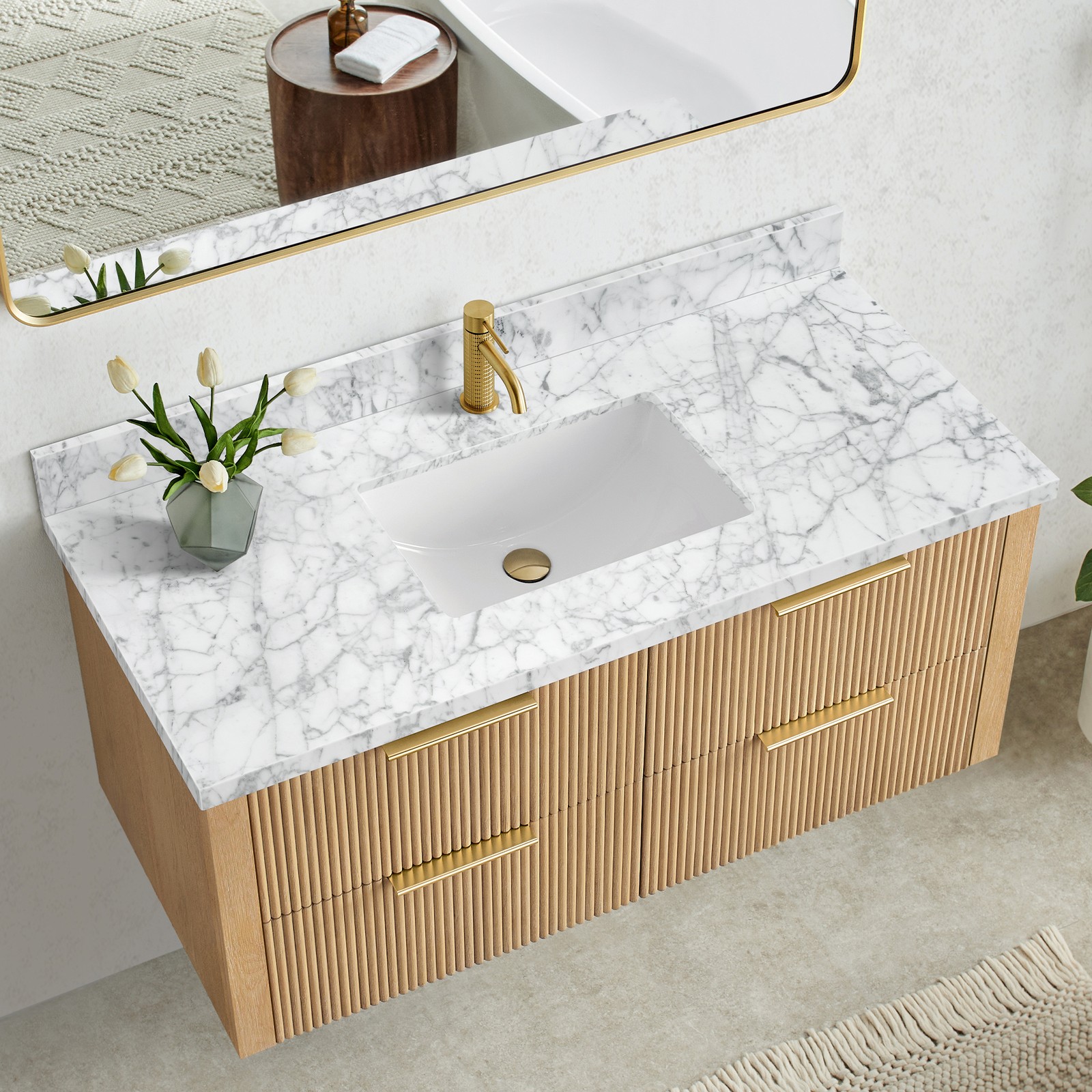 Zevio 49″W x 22″D Natural Marble Vanity Top in Carrara White with Ceramic Sink