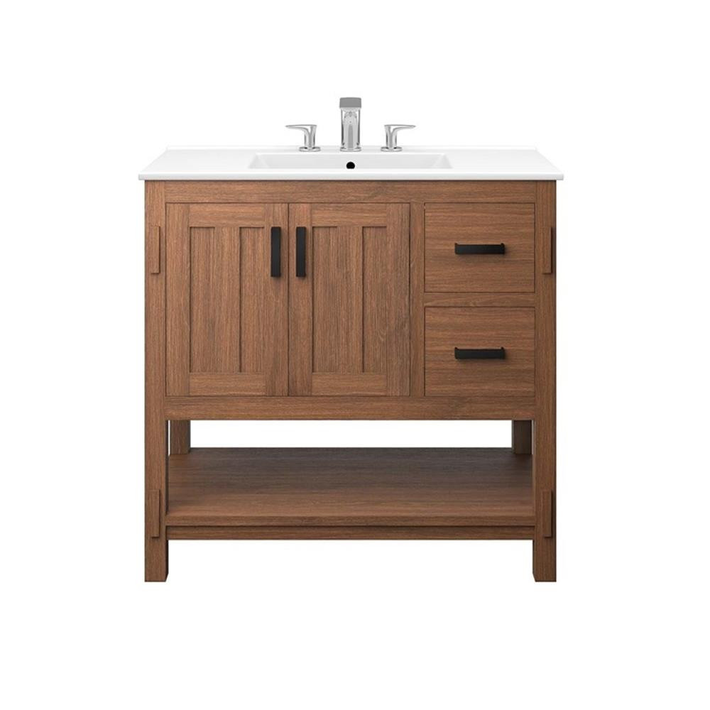 Modway Ashlyn 36″ Wood Bathroom Vanity with Open Shelf in Walnut and White