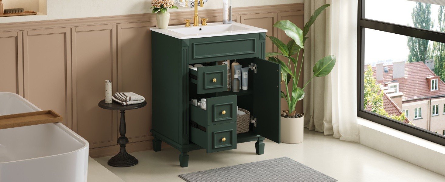 24″ Bathroom Vanity with Ceramic Sink, 2 Drawers, Adjustable Shelf