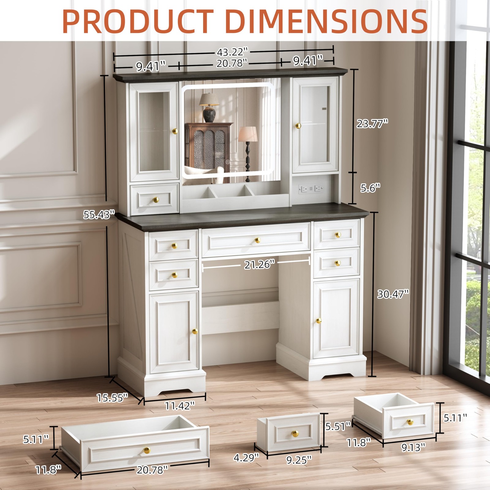 Farmhouse Vanity Desk with Mirror Lights Power Outlet USB 6 Drawers 4 Cabinets