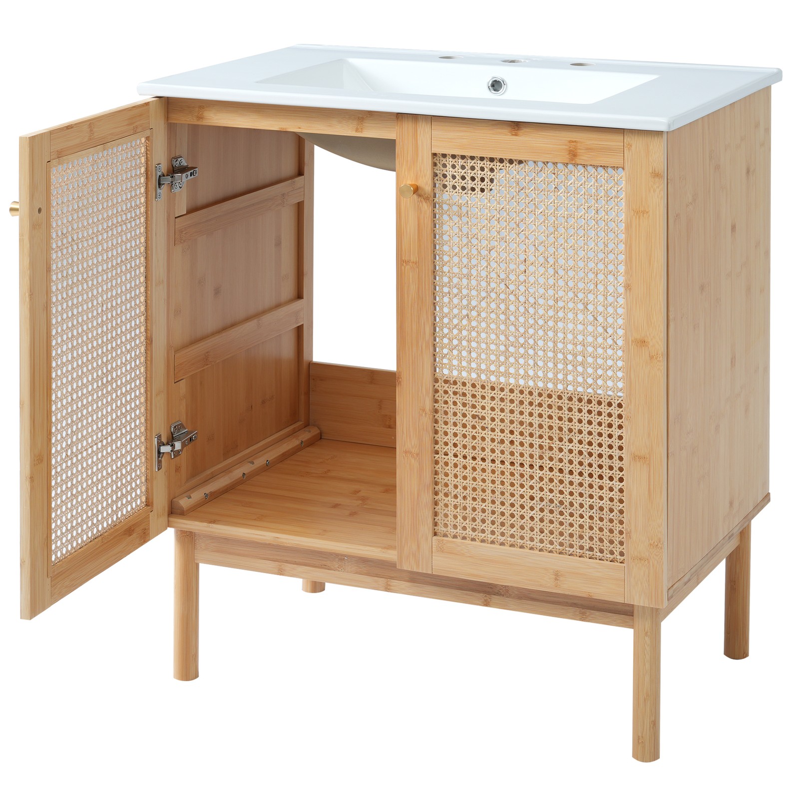30″ Bathroom Vanity with Rattan Doors, Ceramic Basin, Soft-Close