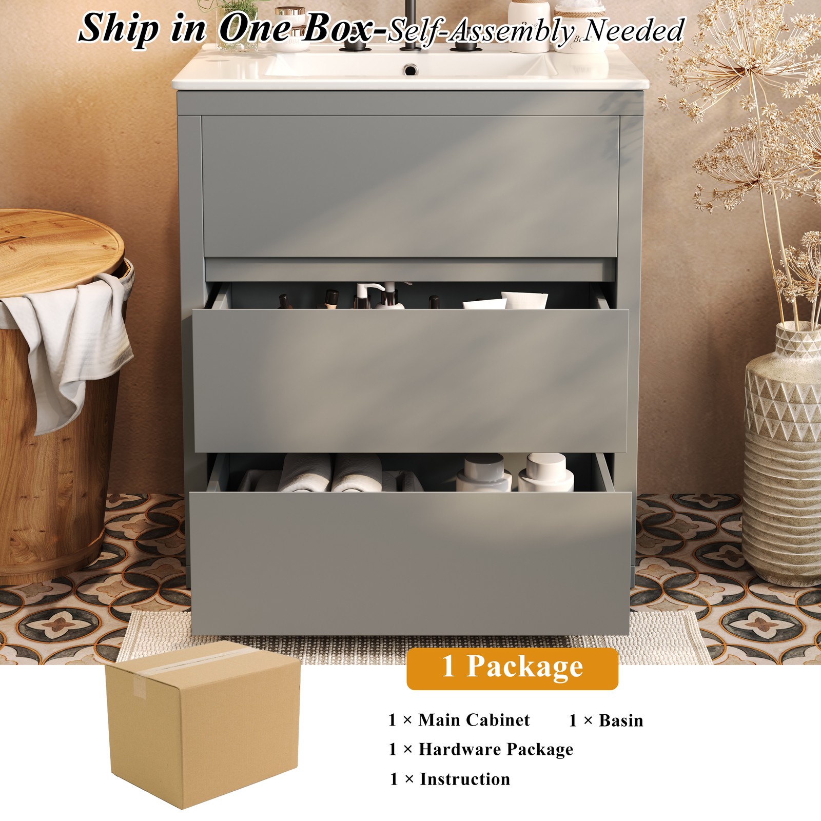 30″ Bathroom Vanity with Ceramic Sink & 2 Drawers, Gray