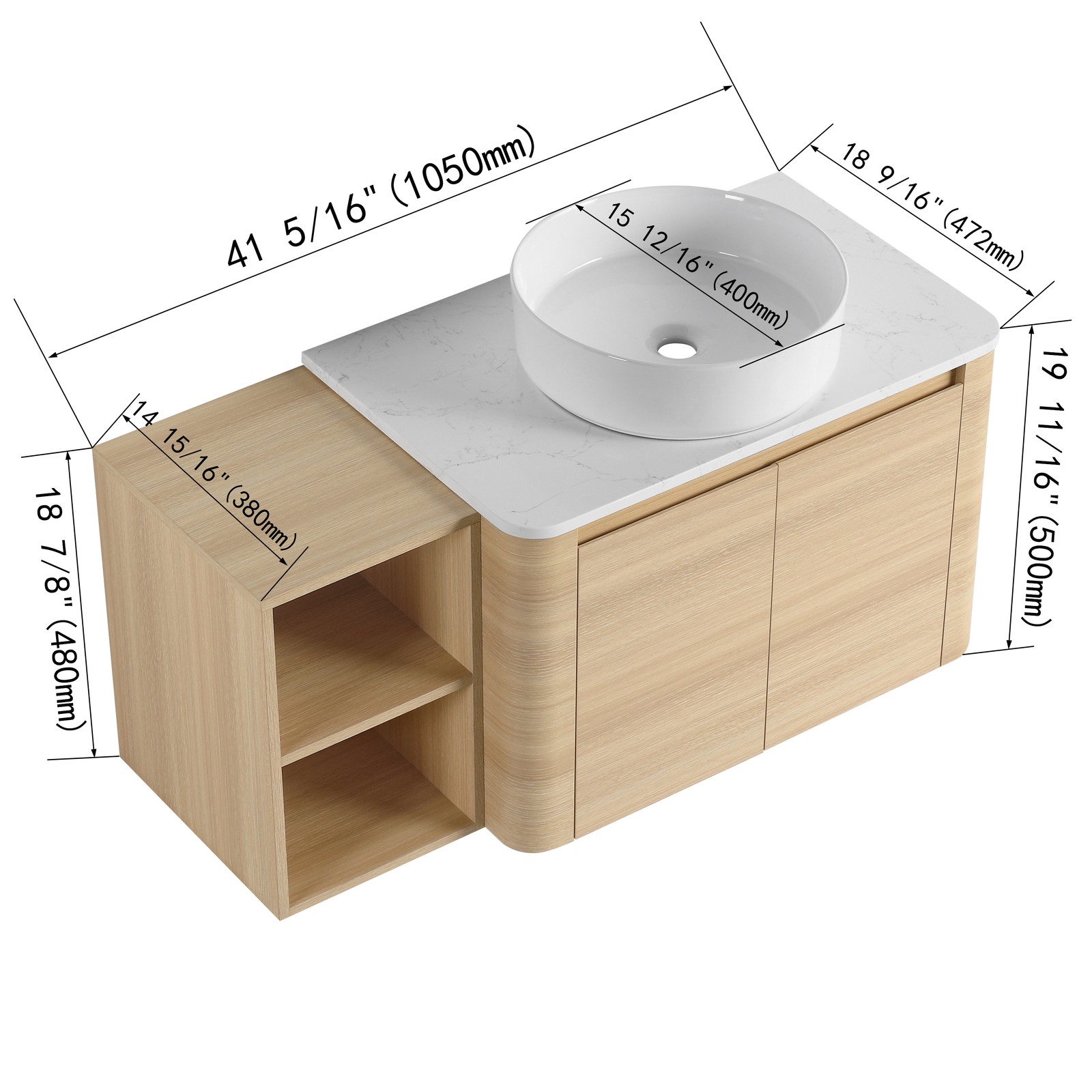 42in Plywood Floating Bathroom Vanity W/White Ceramic Basin Sink Storage Shelves