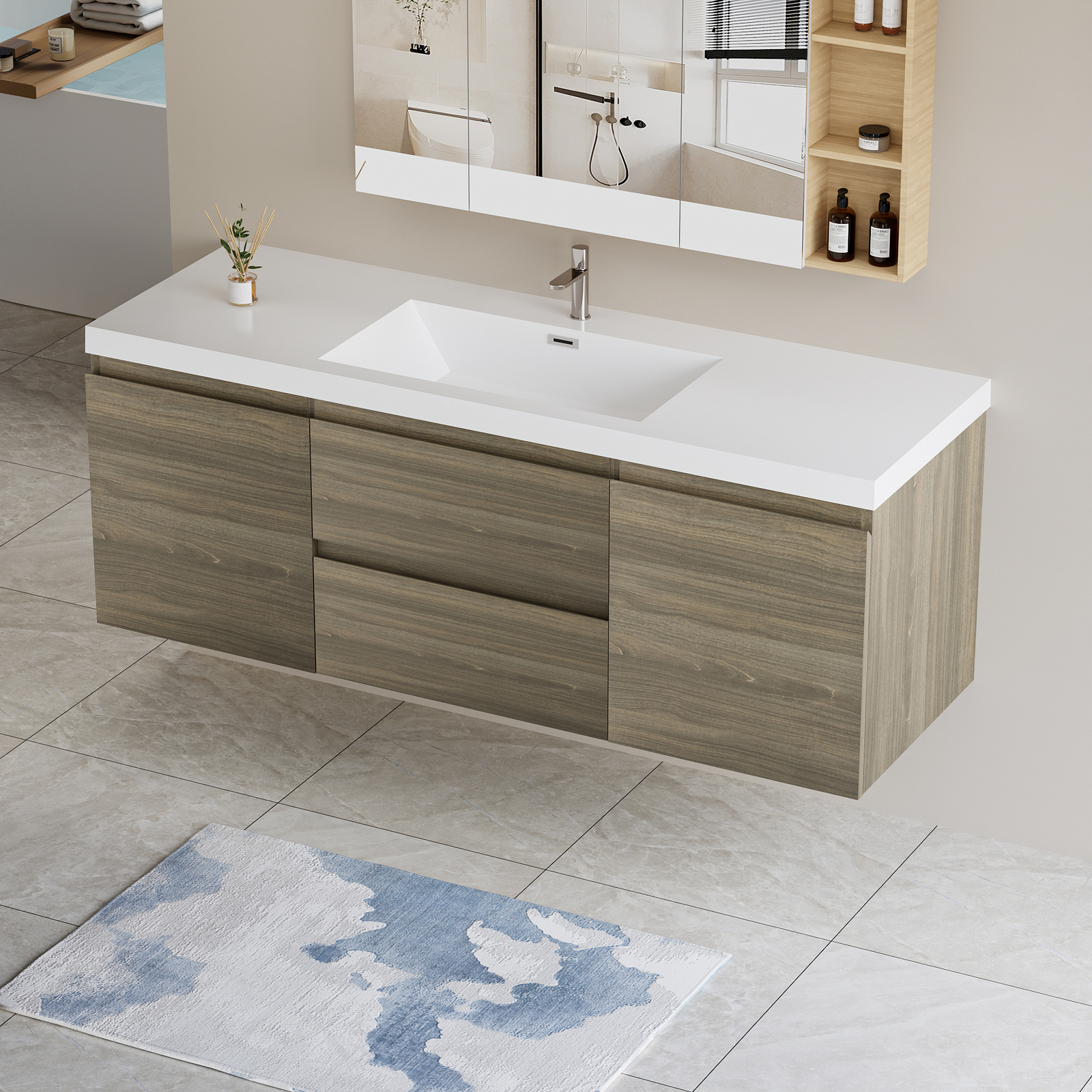 60″ Floating Wall-Mounted Bathroom Vanity with Resin Sink Drawers Doors Ash Grey