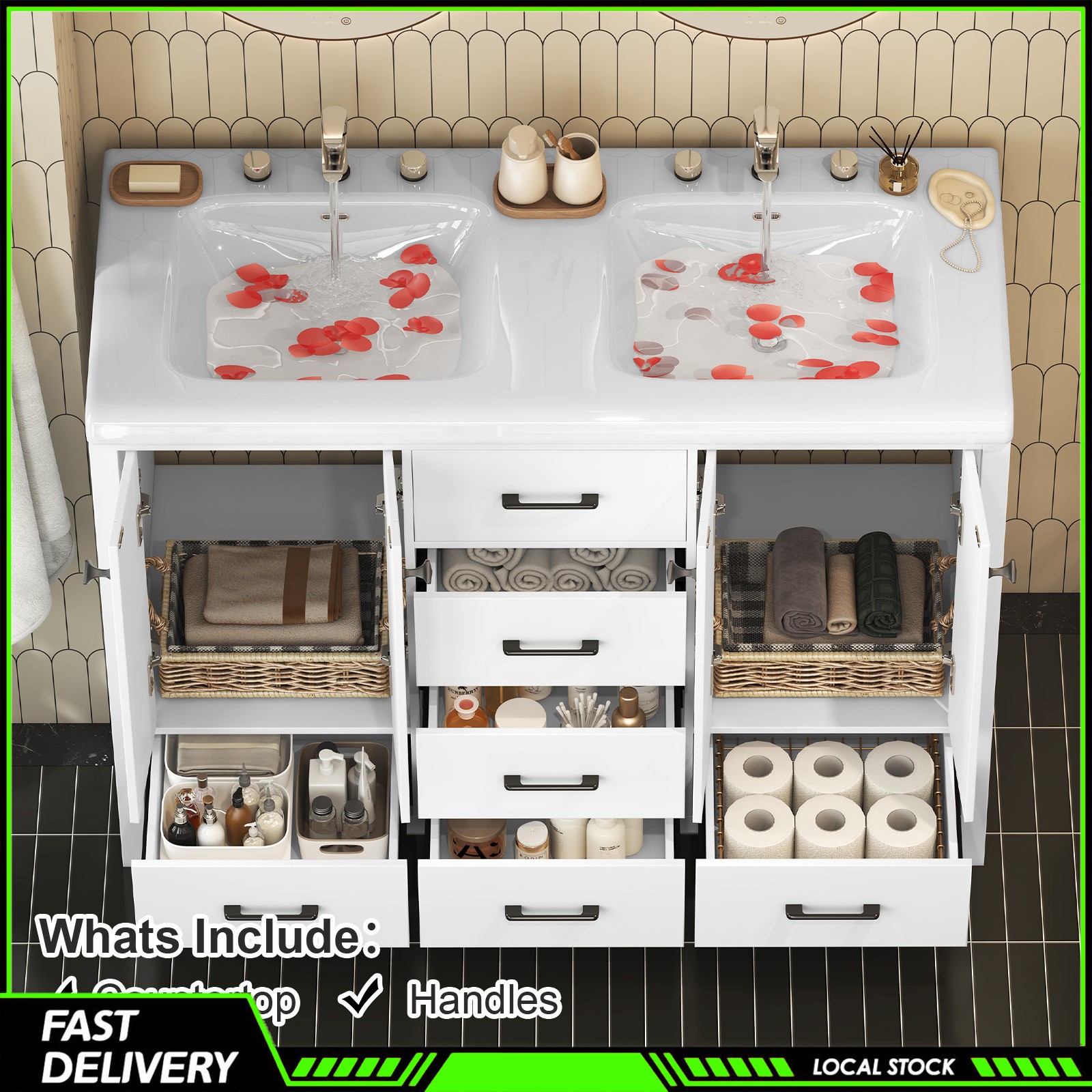 47.3 Inch Bathroom Vanity with Storage Double Ceramic Sinks Freestanding Cabinet