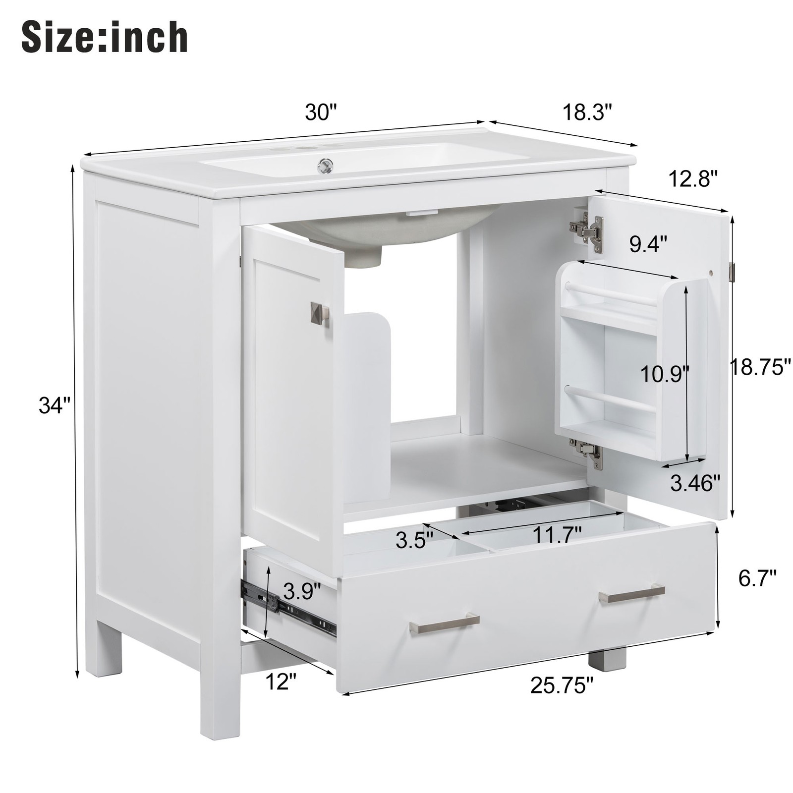 30″ White Bathroom Vanity with Single Sink & Soft Close Doors
