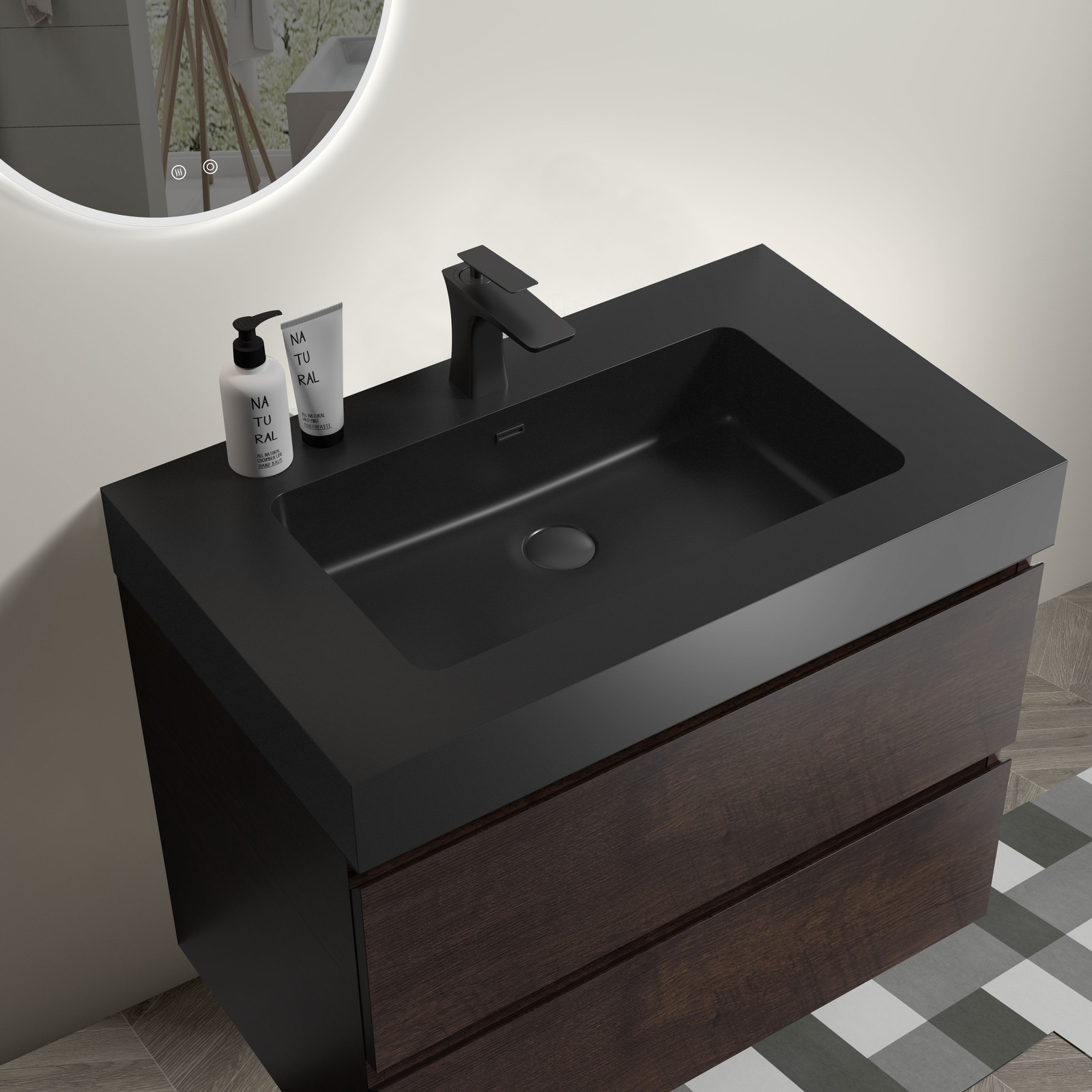 30″ Walnut Floating Bathroom Vanity with Black Sink, Triple Drawers