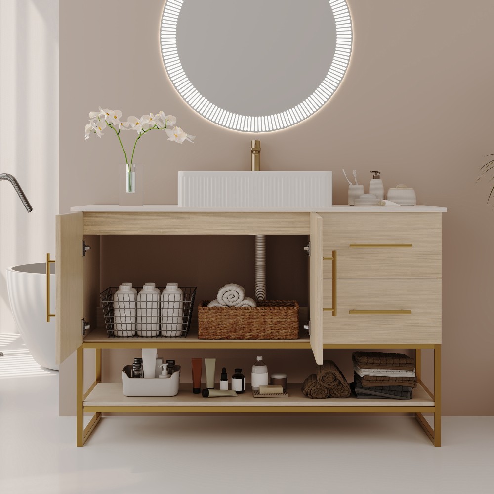 36″ Modern Bathroom Vanity Ceramic Vessel Sink Gold Accent Free Standing Cabinet