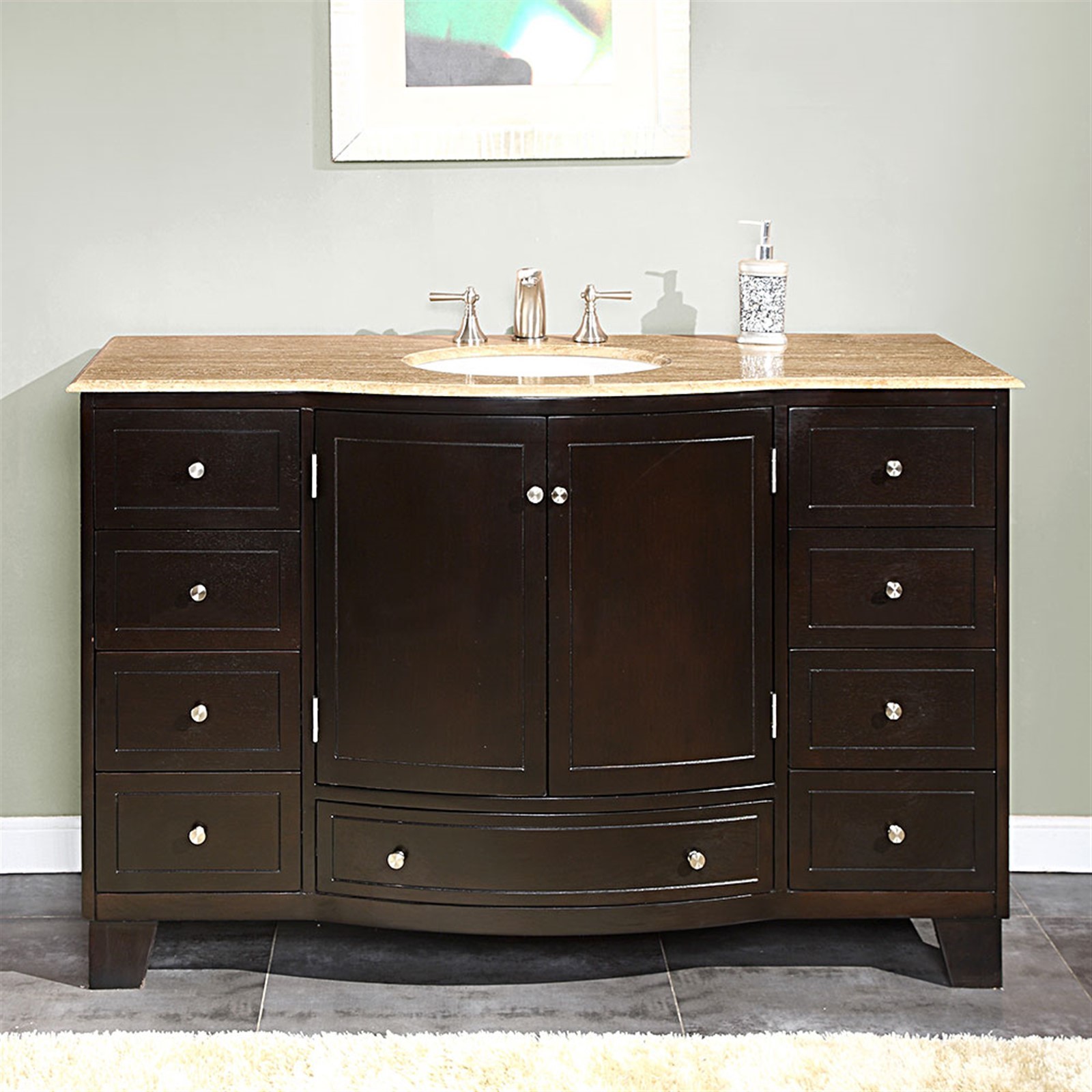 55-inch Single Sink Bathroom Vanity Travertine Stone Top Espresso Cabinet 0703TR
