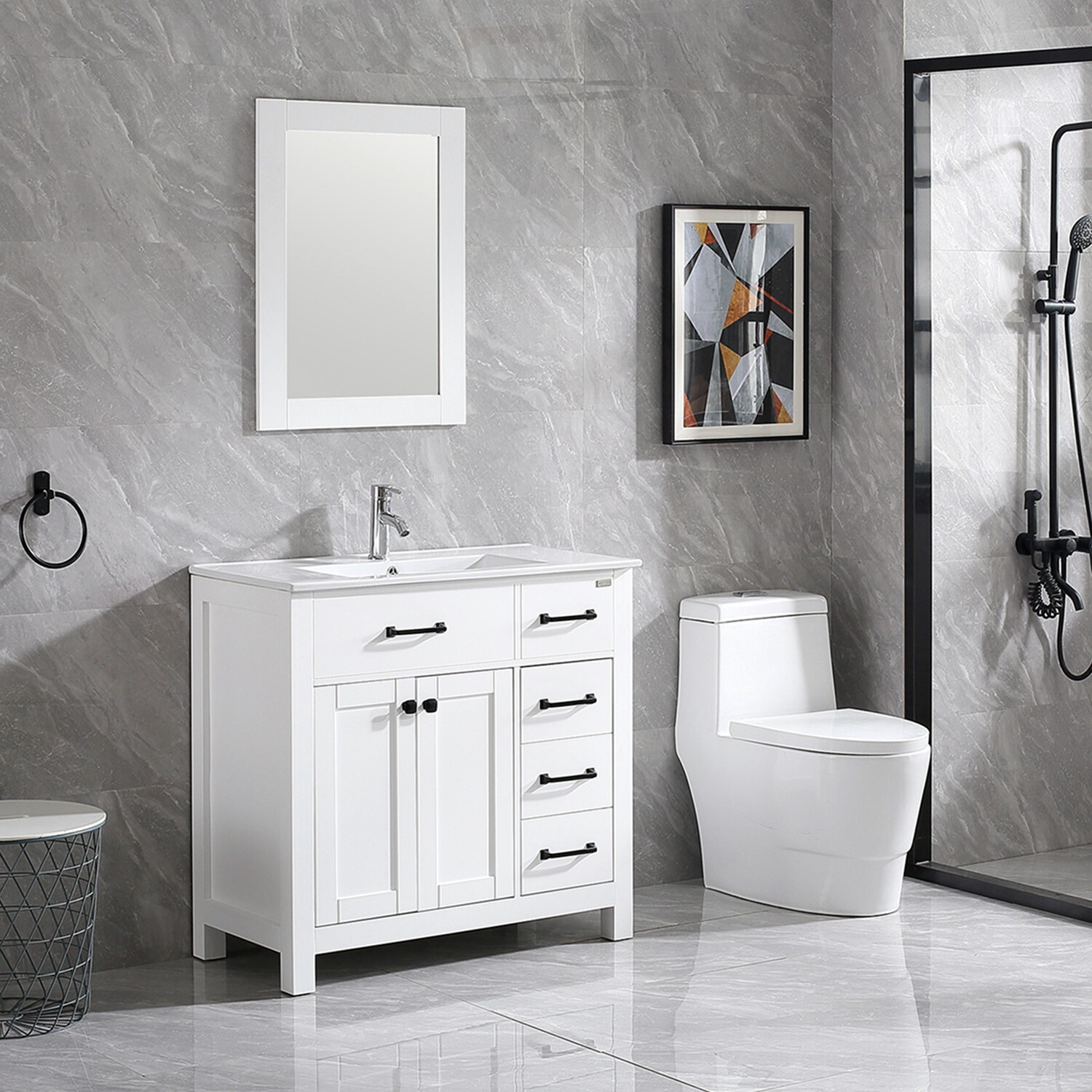36″ Bathroom Vanity Cabinet Undermount Ceramic Sink Shaker Vanity Free Standing