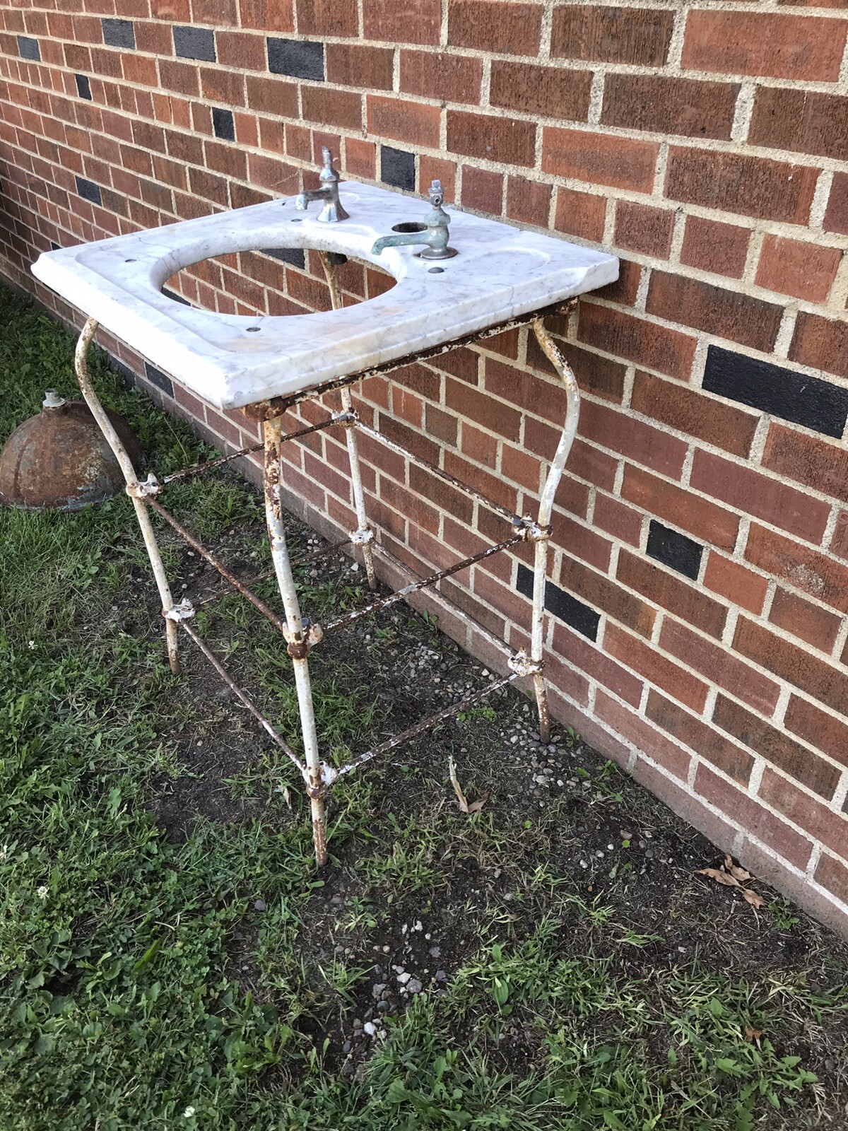 ANTIQUE VTG IRON VANITY WITH MARBLE TOP BATH SINK STAND 24 WIDE X 22 DEEP X 32”