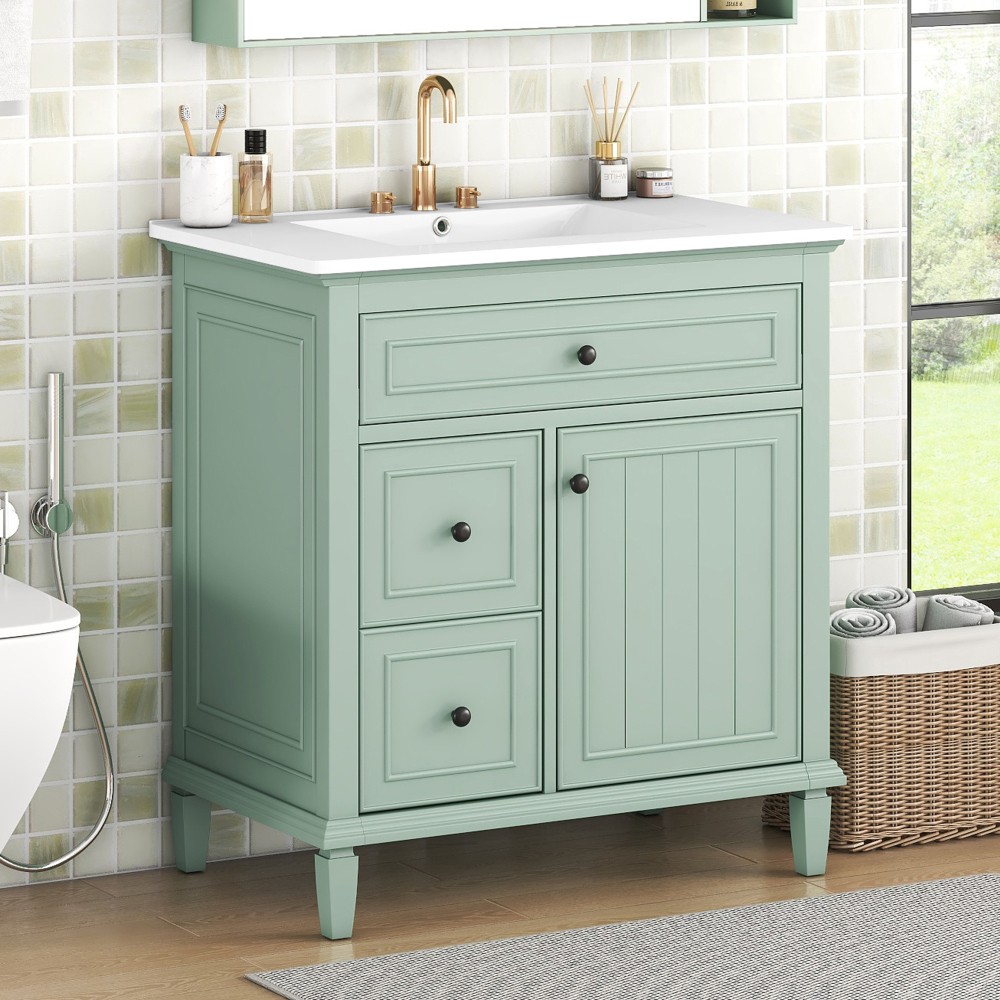 30″ Green Bathroom Vanity with Ceramic Sink Solid Wood MDF Cabinet